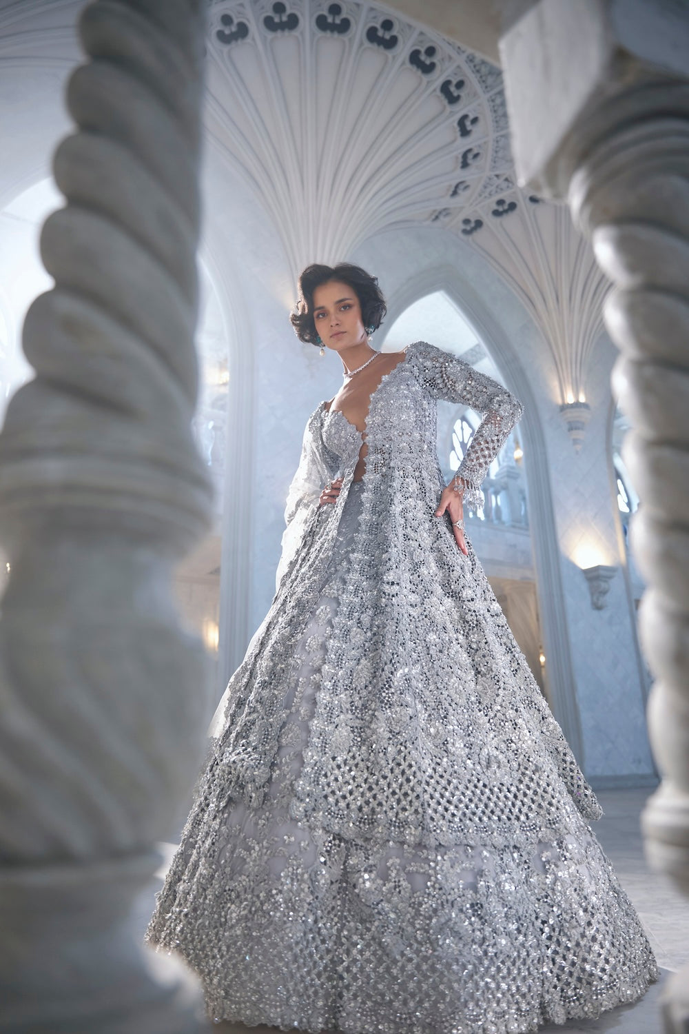 Silver Cut Work Embroidered Silk-Blend Jacket Lehenga (3-Piece) - Image 3