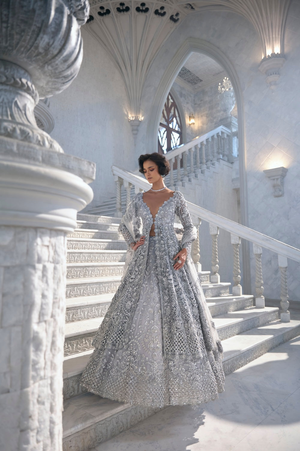 Silver Cut Work Embroidered Silk-Blend Jacket Lehenga (3-Piece) - Image 4