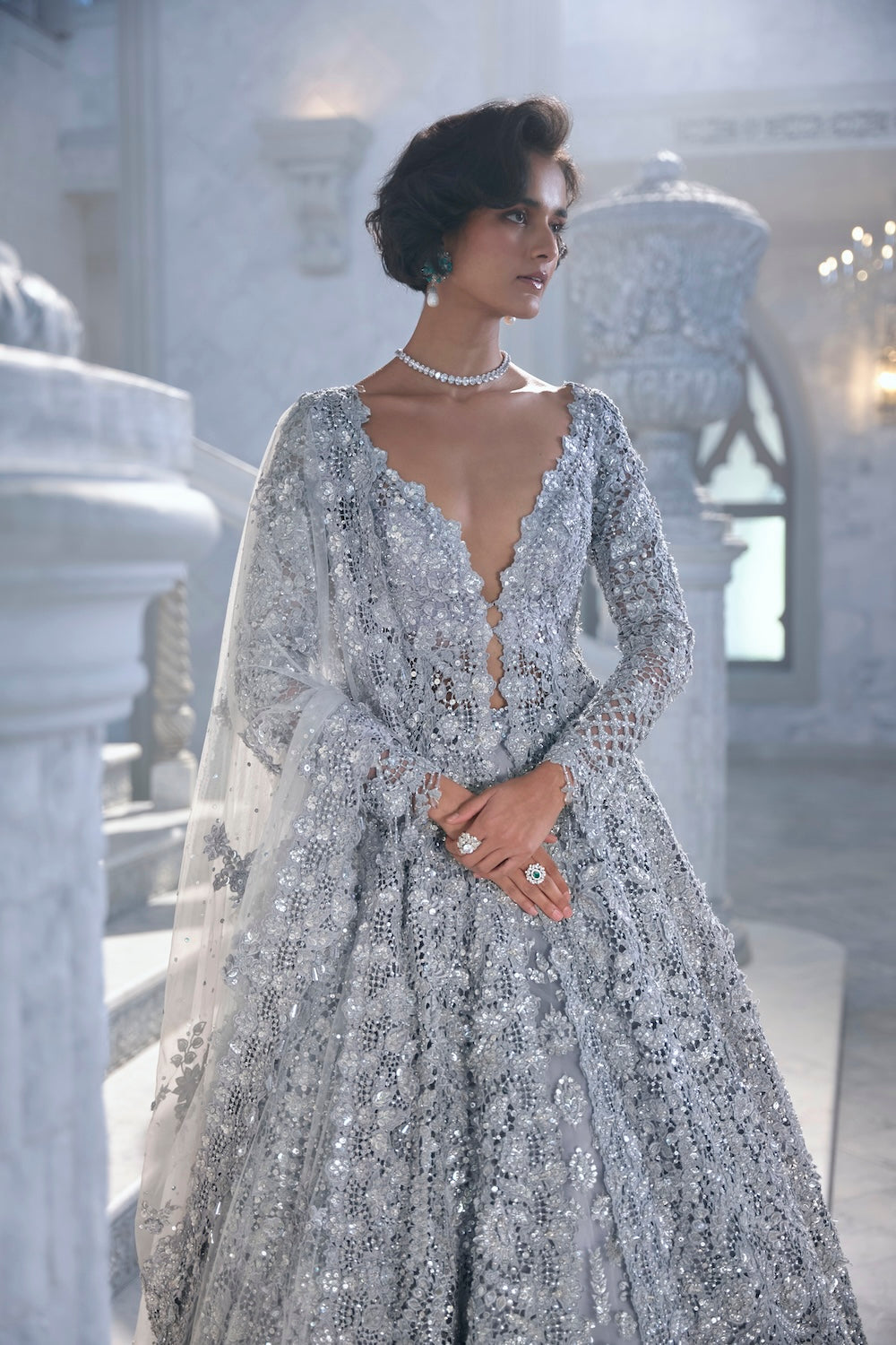 Silver Cut Work Embroidered Silk-Blend Jacket Lehenga (3-Piece) - Image 5