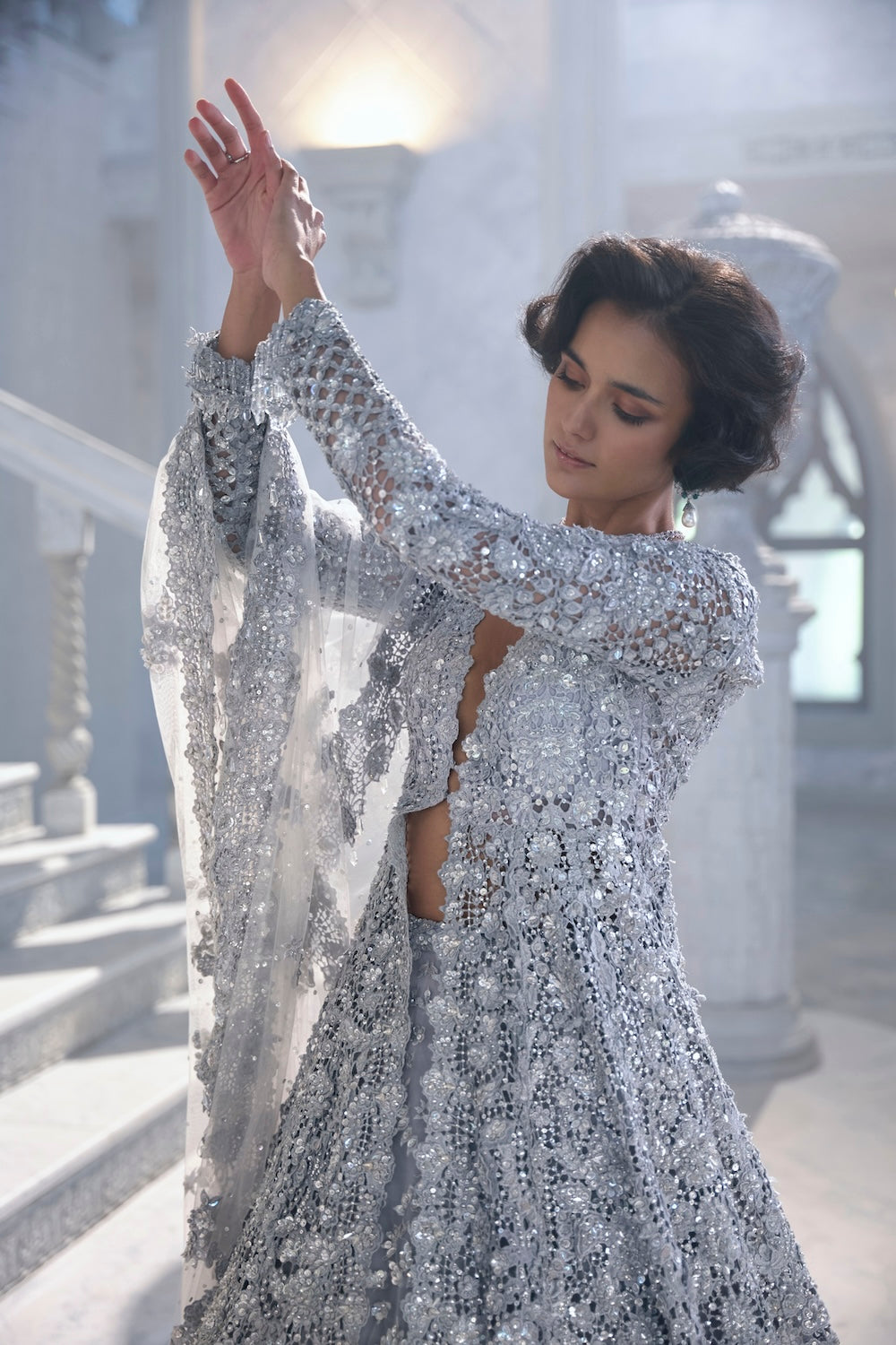 Silver Cut Work Embroidered Silk-Blend Jacket Lehenga (3-Piece) - Image 6