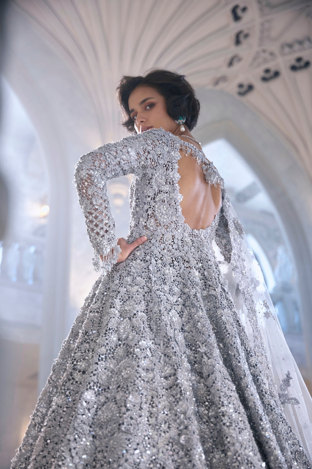 Silver Cut Work Embroidered Silk-Blend Jacket Lehenga (3-Piece) - Image 8