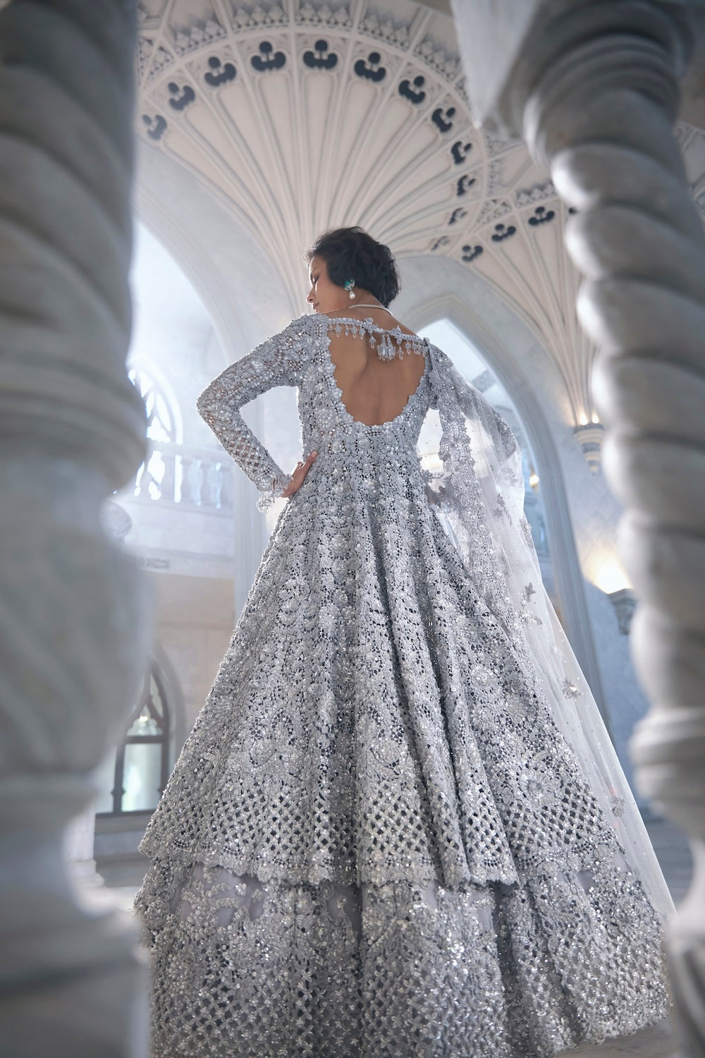 Silver Cut Work Embroidered Silk-Blend Jacket Lehenga (3-Piece) - Image 9