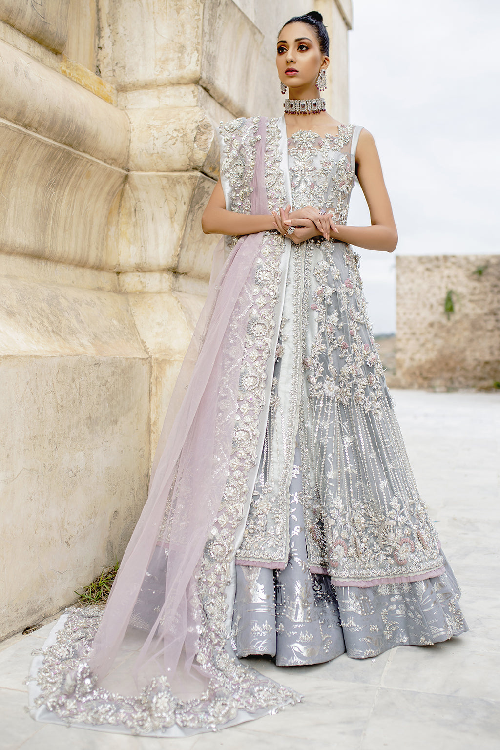 Silver Grey Hand-Embellished Silk Blend Lehenga Gown (3-Piece) - Image 1