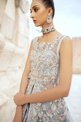 Silver Grey Hand-Embellished Silk Blend Lehenga Gown (3-Piece) - Image 5