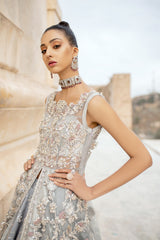 Silver Grey Hand-Embellished Silk Blend Lehenga Gown (3-Piece) - Image 6