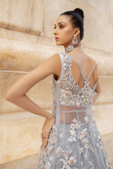 Silver Grey Hand-Embellished Silk Blend Lehenga Gown (3-Piece) - Image 8