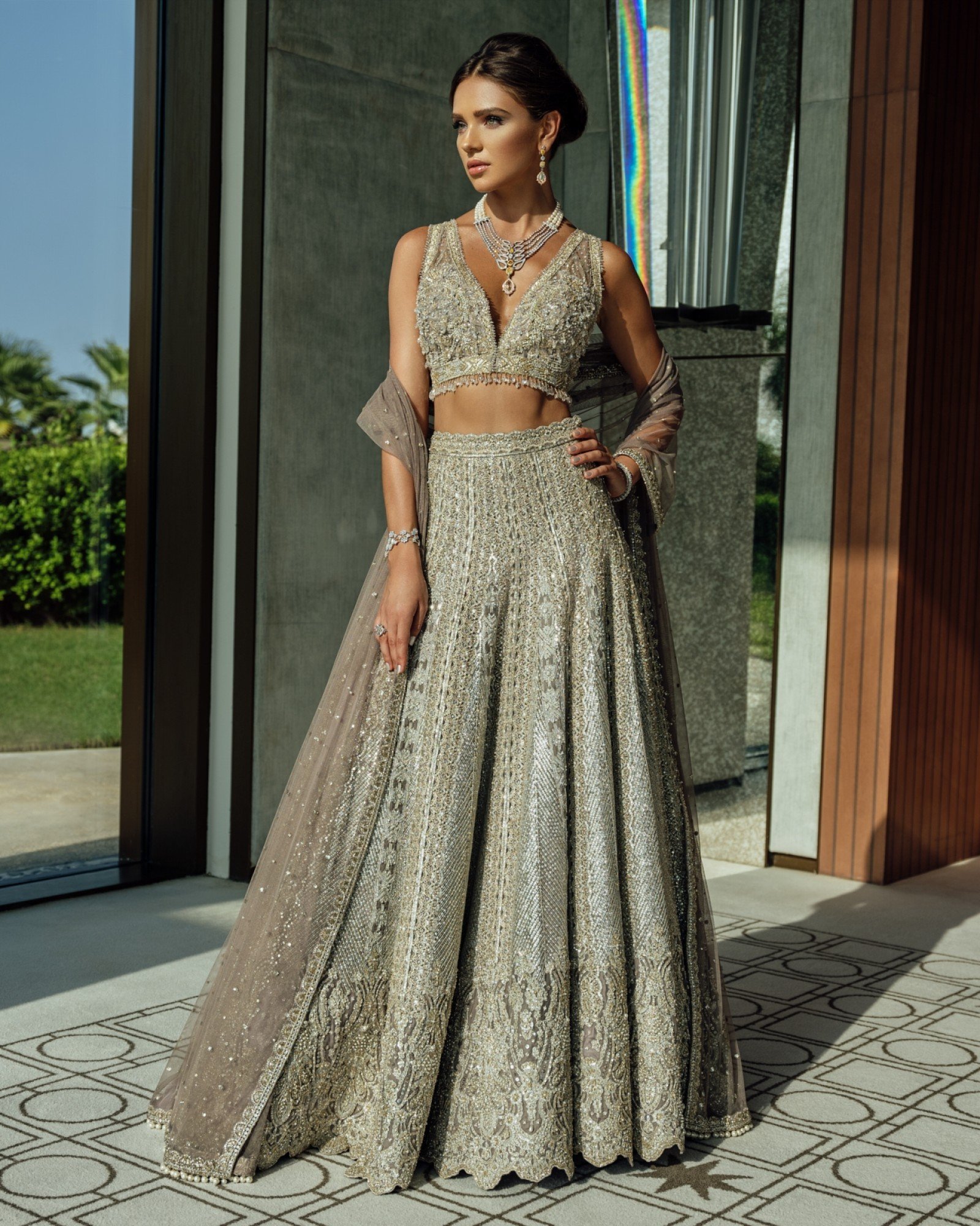 Silver Grey Embellished Silk-Blend Lehenga Choli (3-Piece) - Image 1