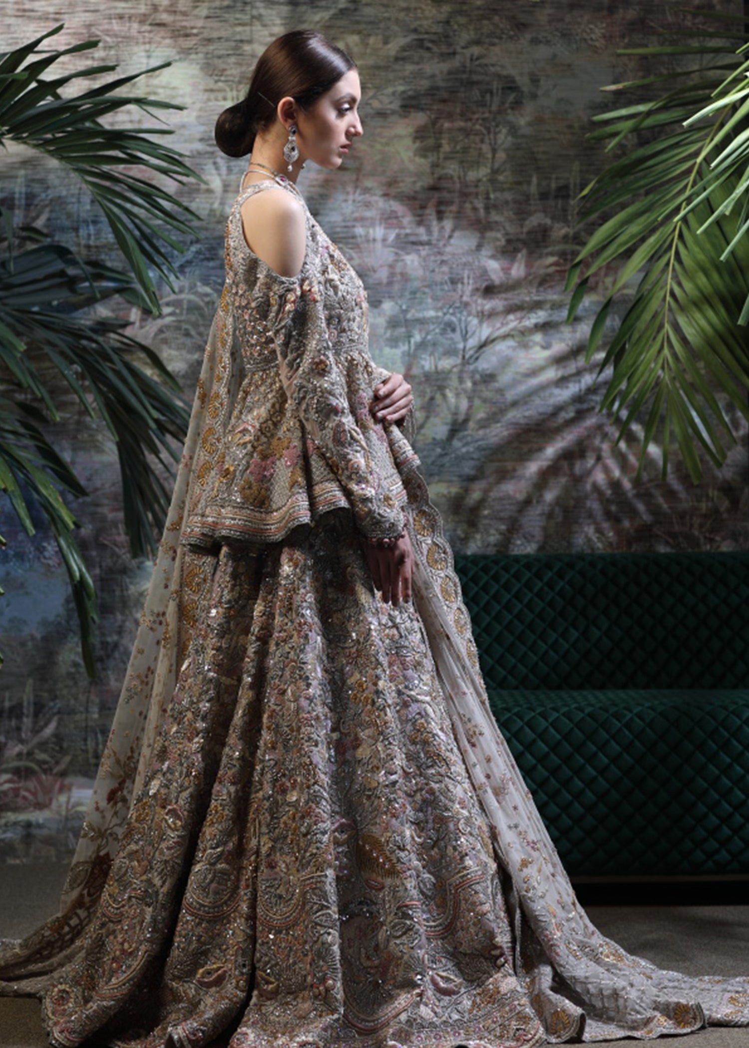 Pakistani Silver Grey Embellished Silk Peplum Lehenga (3-Piece) - Image 2