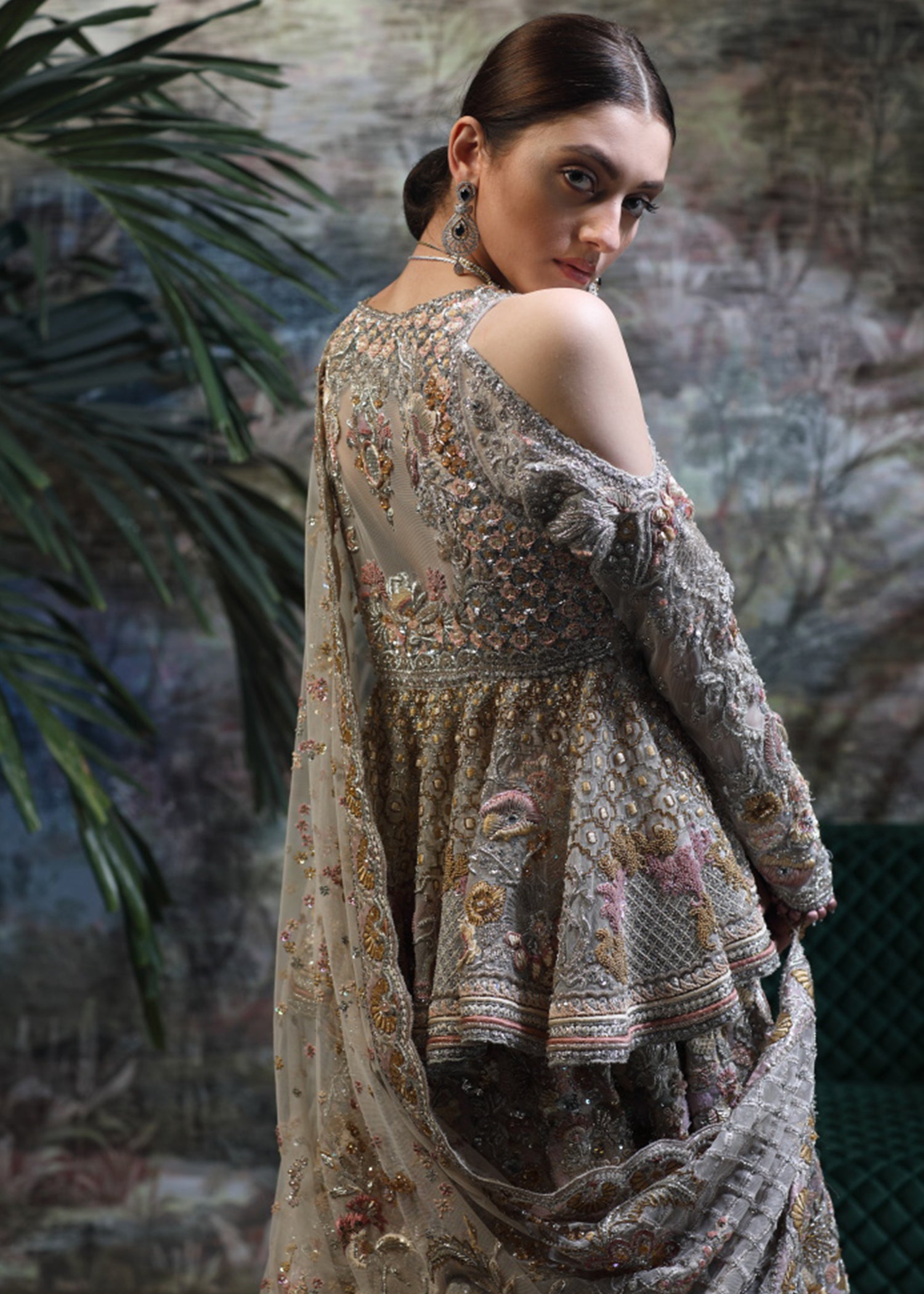 Pakistani Silver Grey Embellished Silk Peplum Lehenga (3-Piece) - Image 4