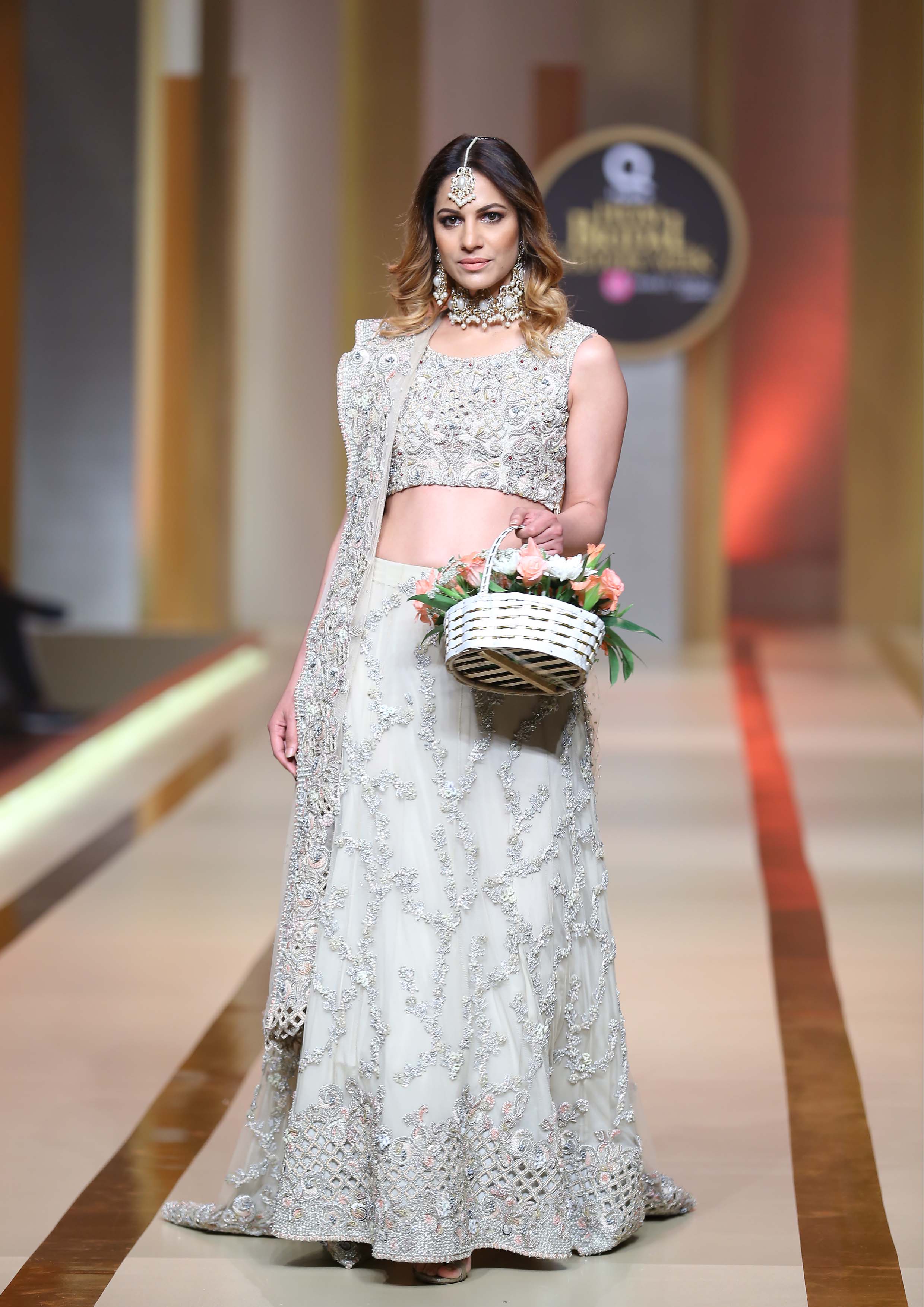 Silver-Grey Meshwork Embroidered Silk-Blend Bridal Lehenga (3-Piece) - Image 2