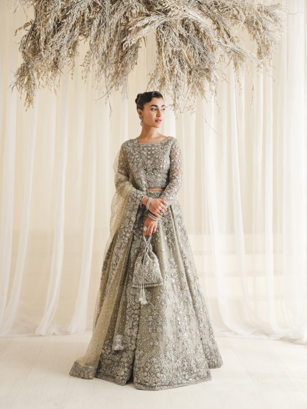 Pakistani Silver Grey Embellished Silk Blend Bridal Lehenga (3-Piece) - Image 1