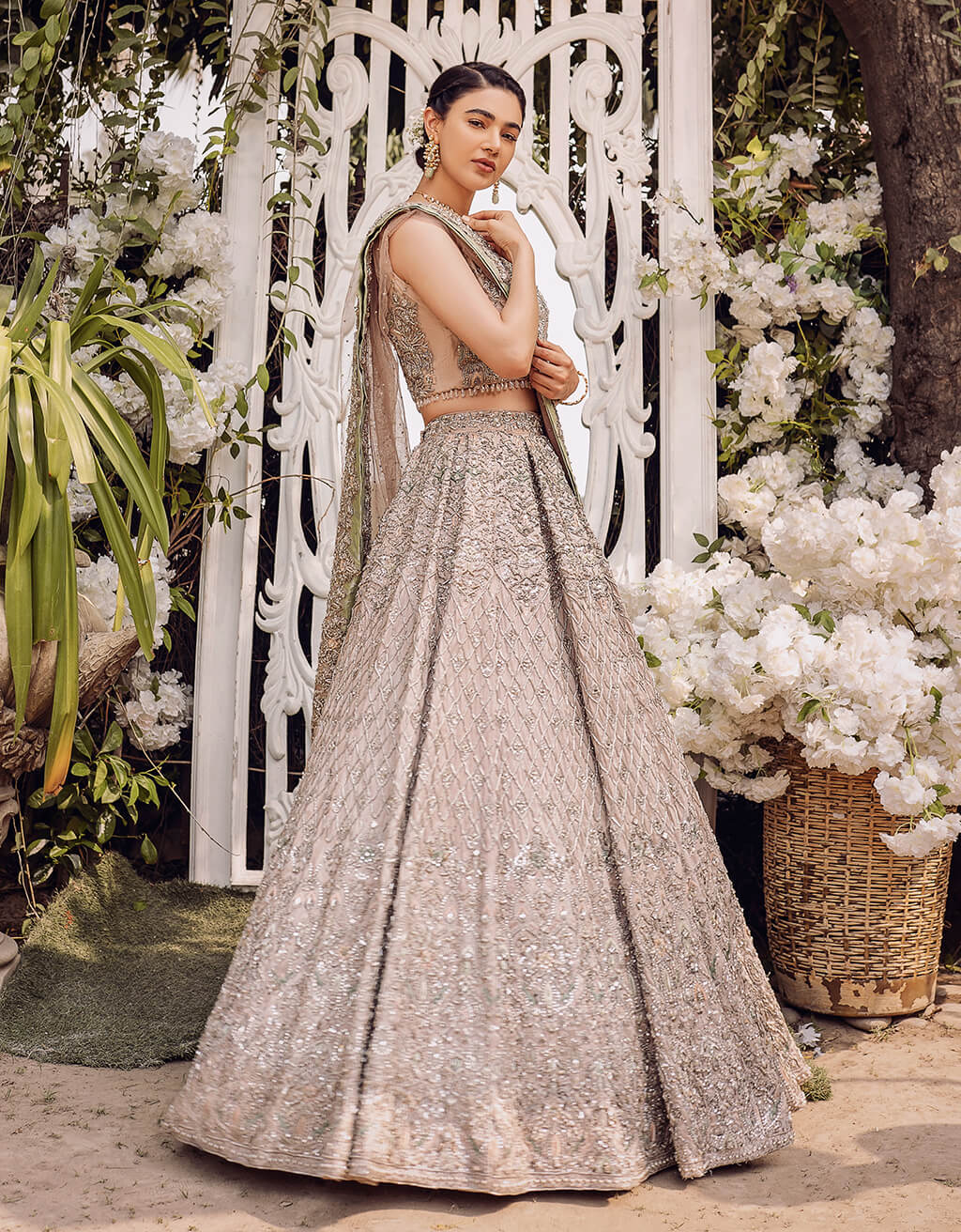 Silver Hand-Embroidered Silk-Blend Lehenga (3-Piece) - Image 1