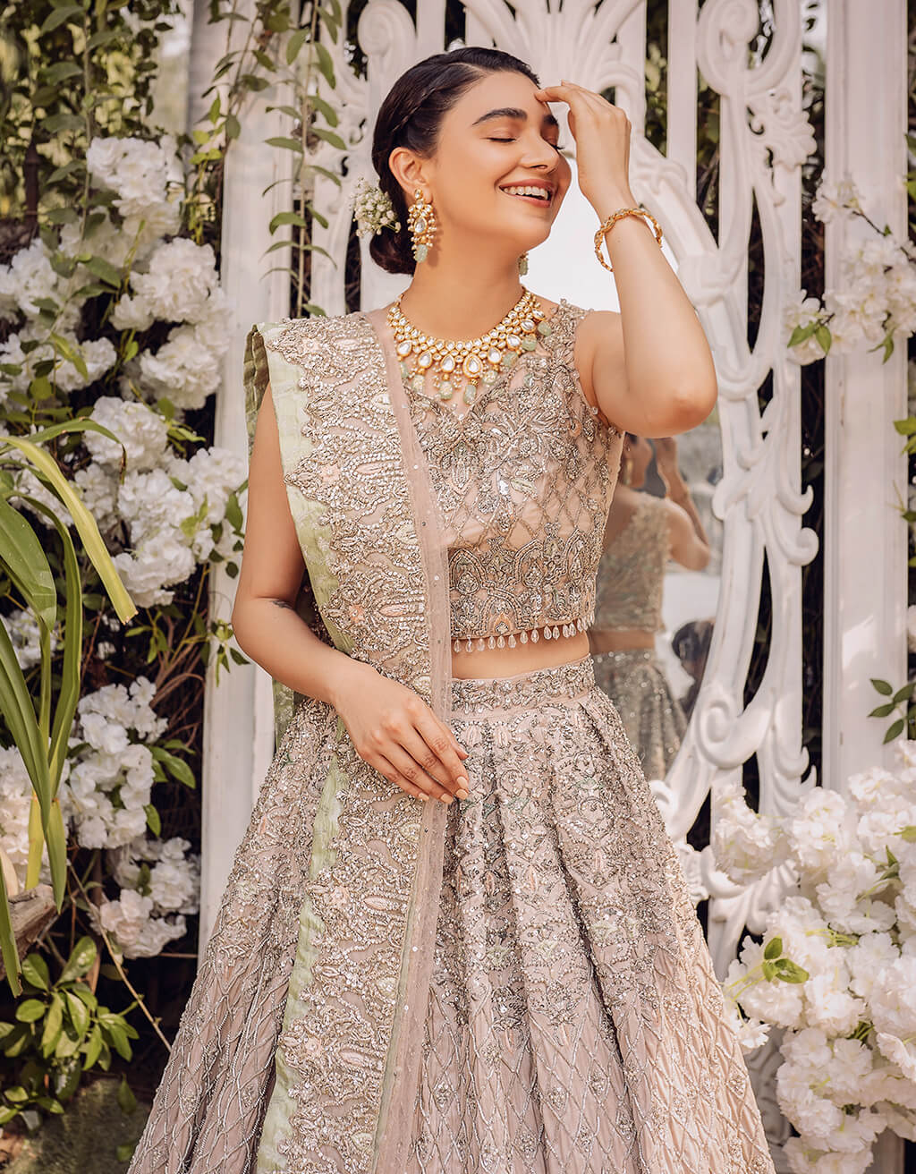 Silver Hand-Embroidered Silk-Blend Lehenga (3-Piece) - Image 2