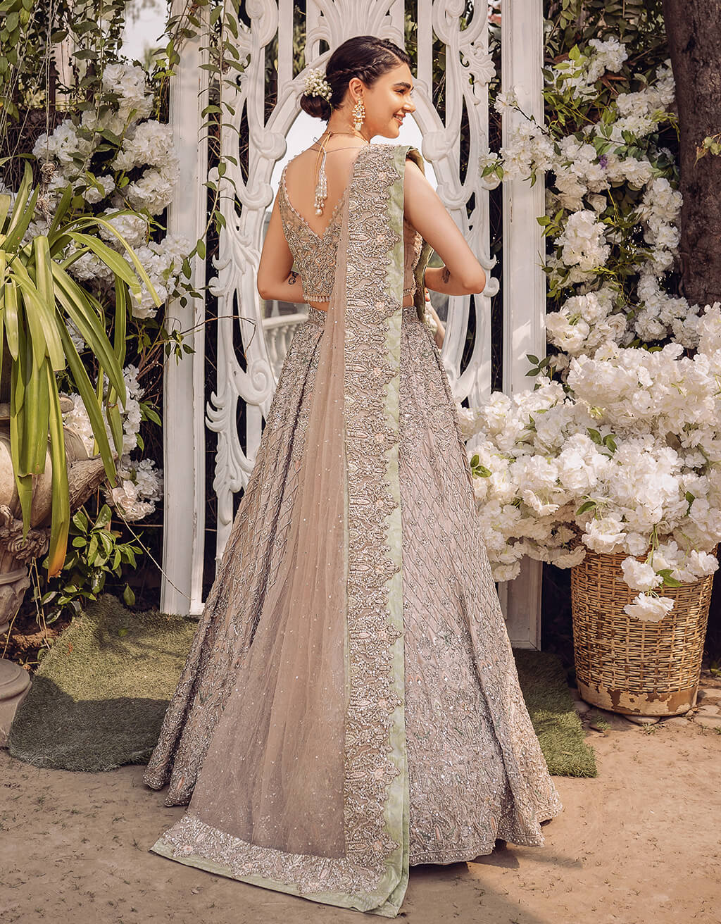 Silver Hand-Embroidered Silk-Blend Lehenga (3-Piece) - Image 3