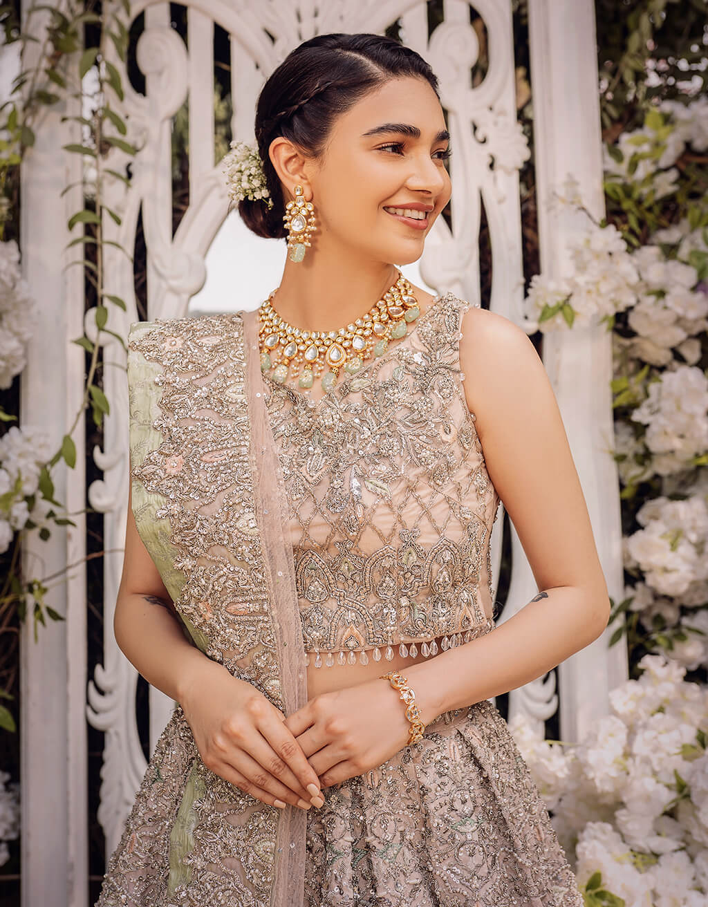 Silver Hand-Embroidered Silk-Blend Lehenga (3-Piece) - Image 4