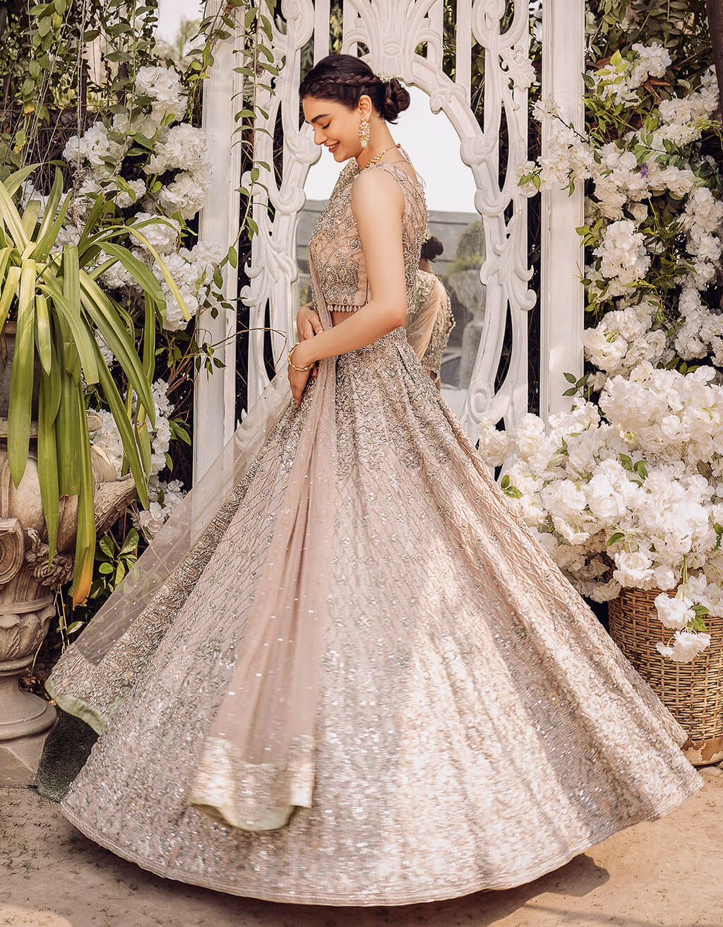 Silver Hand-Embroidered Silk-Blend Lehenga (3-Piece) - Image 5