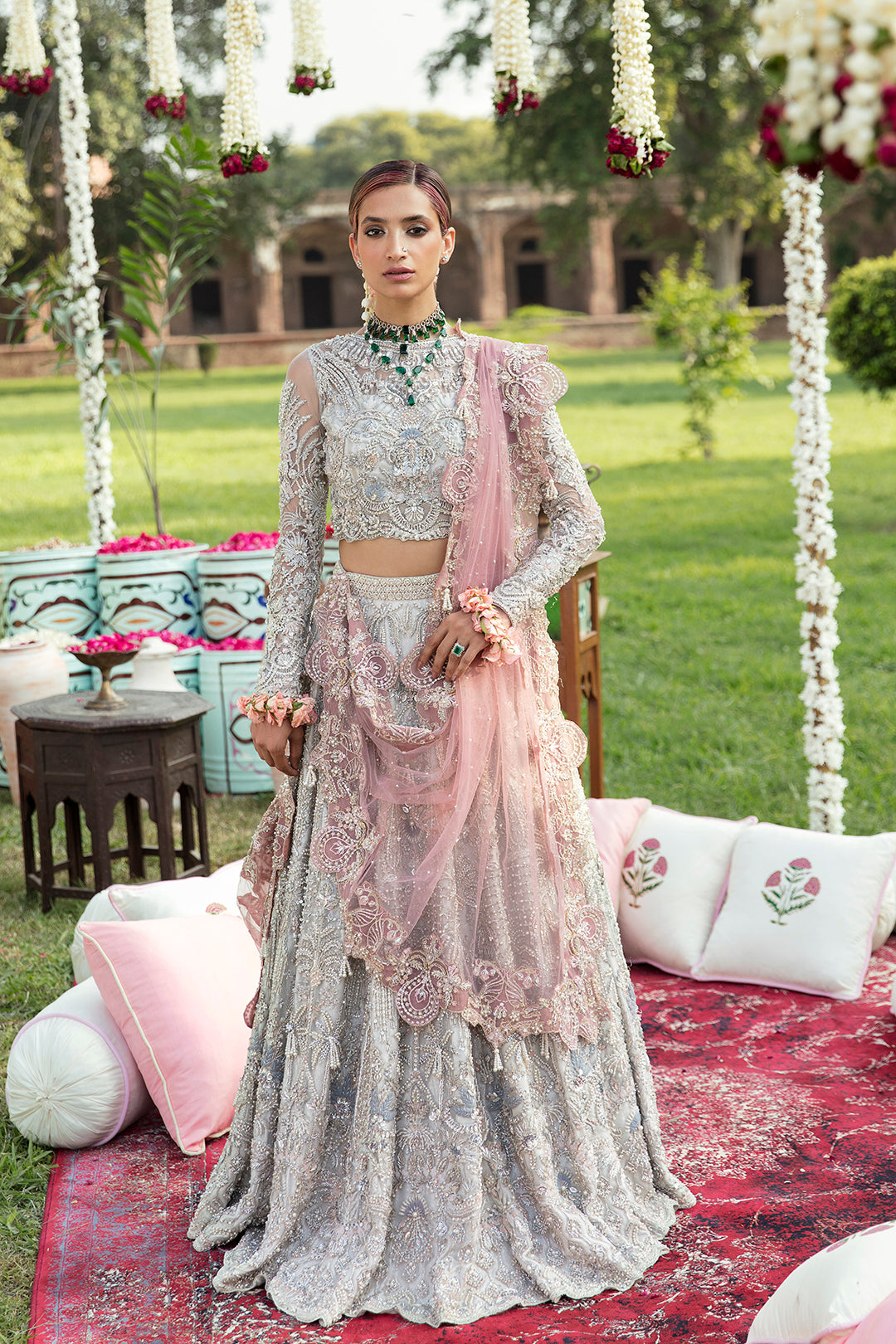 Silver Grey Embellished Silk-Blend Bridal Lehenga (3-Piece) - Image 1
