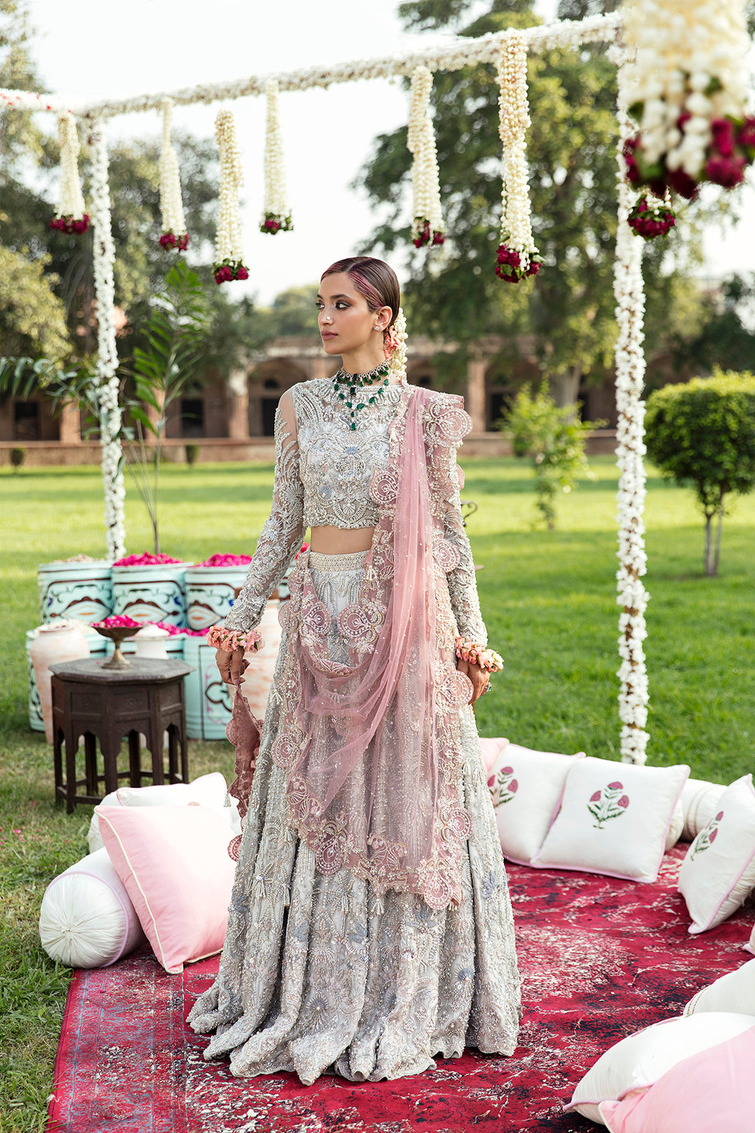Silver Grey Embellished Silk-Blend Bridal Lehenga (3-Piece) - Image 4