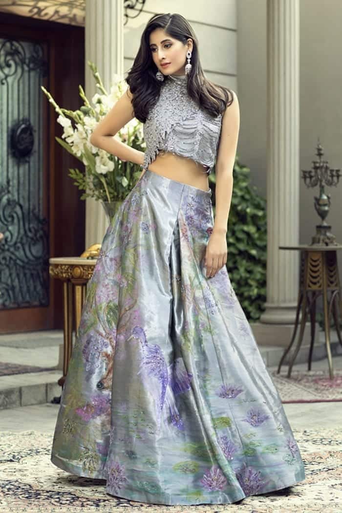 Pakistani Silver Grey Embellished Silk-Blend Lehenga Set (2-Piece) - Image 1