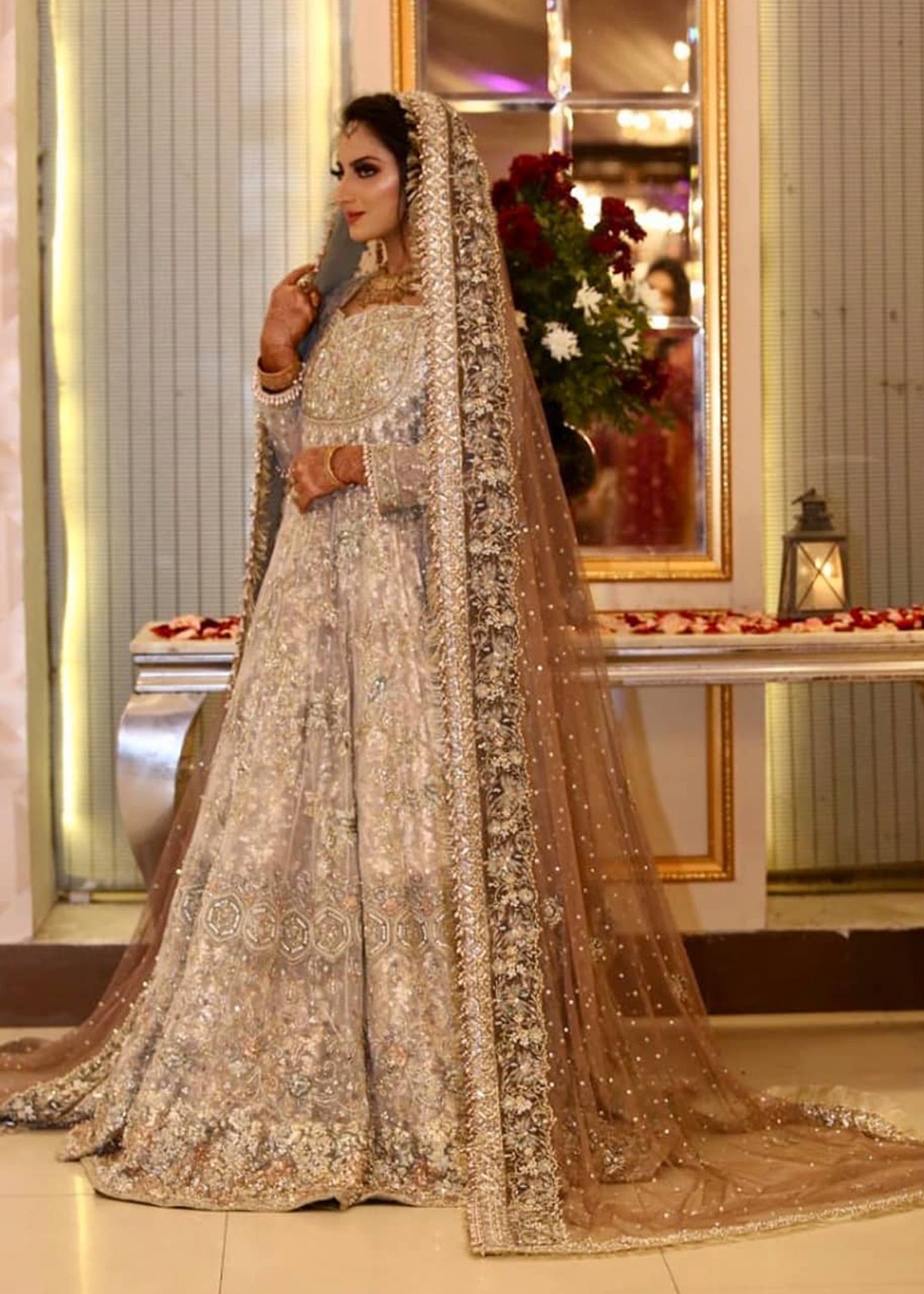 Silver Grey Embellished Silk-Organza Bridal Lehenga (3-Piece) - Image 1