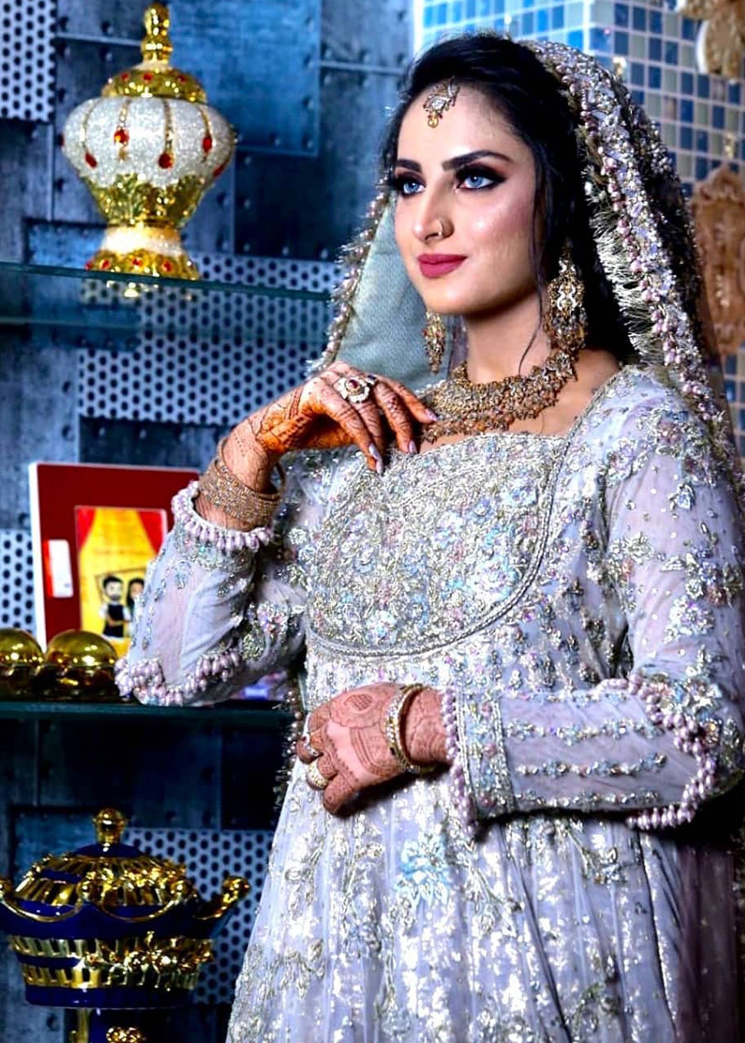 Silver Grey Embellished Silk-Organza Bridal Lehenga (3-Piece) - Image 2