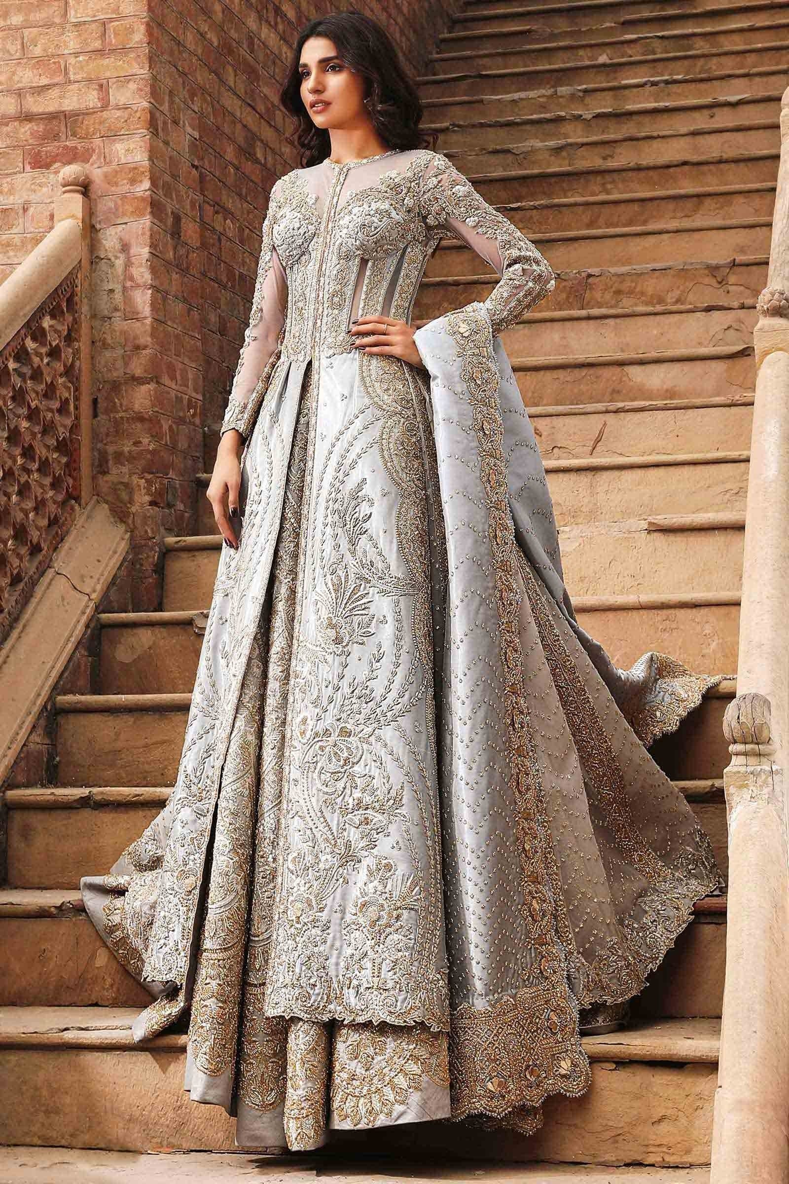 Silver Grey Embroidered Silk-Blend Lehenga (3-Piece) - Image 1