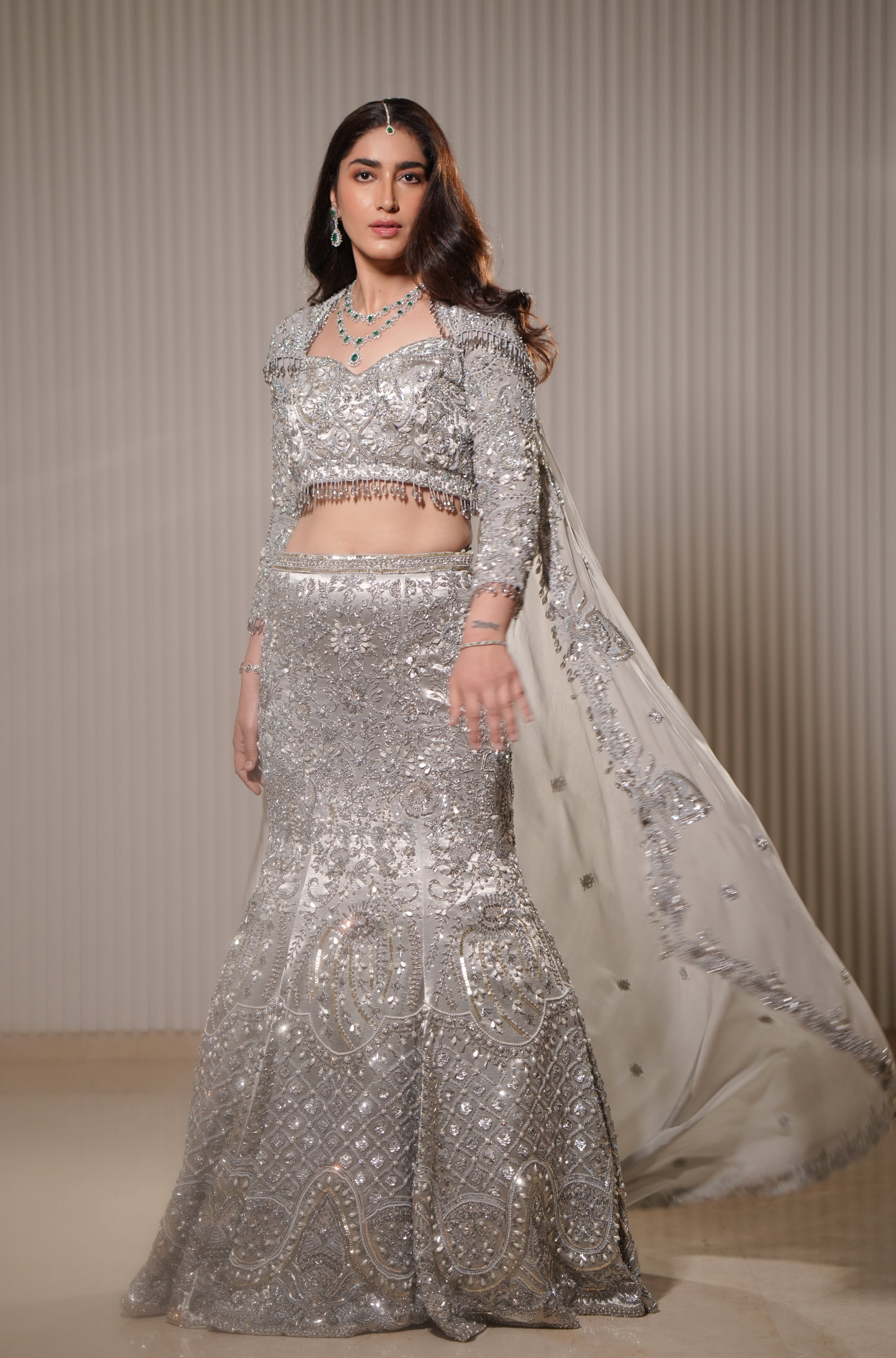 Pakistani Silver Hand-Embroidered Silk Satin Mermaid Lehenga (3-Piece) - Image 1