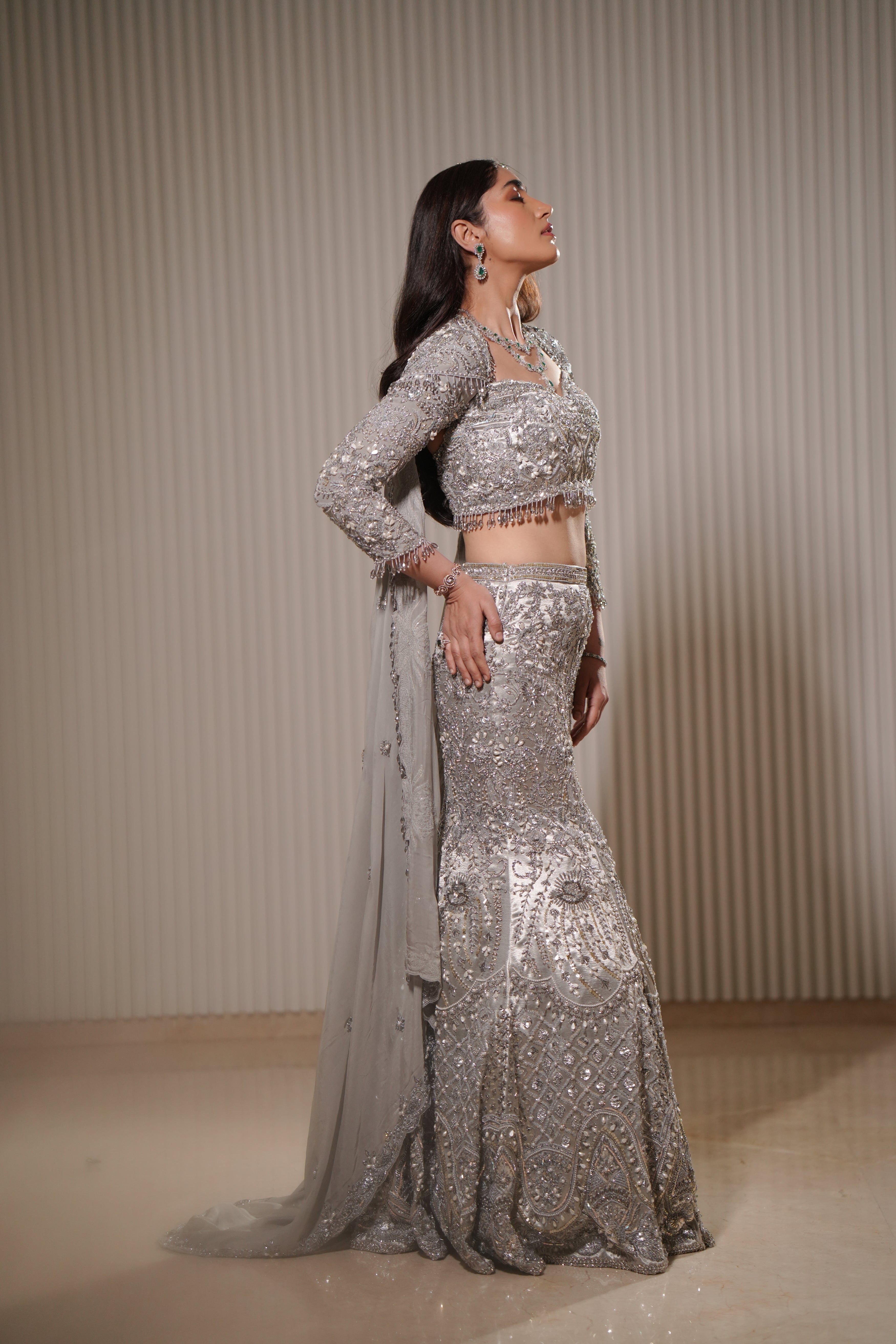 Pakistani Silver Hand-Embroidered Silk Satin Mermaid Lehenga (3-Piece) - Image 11