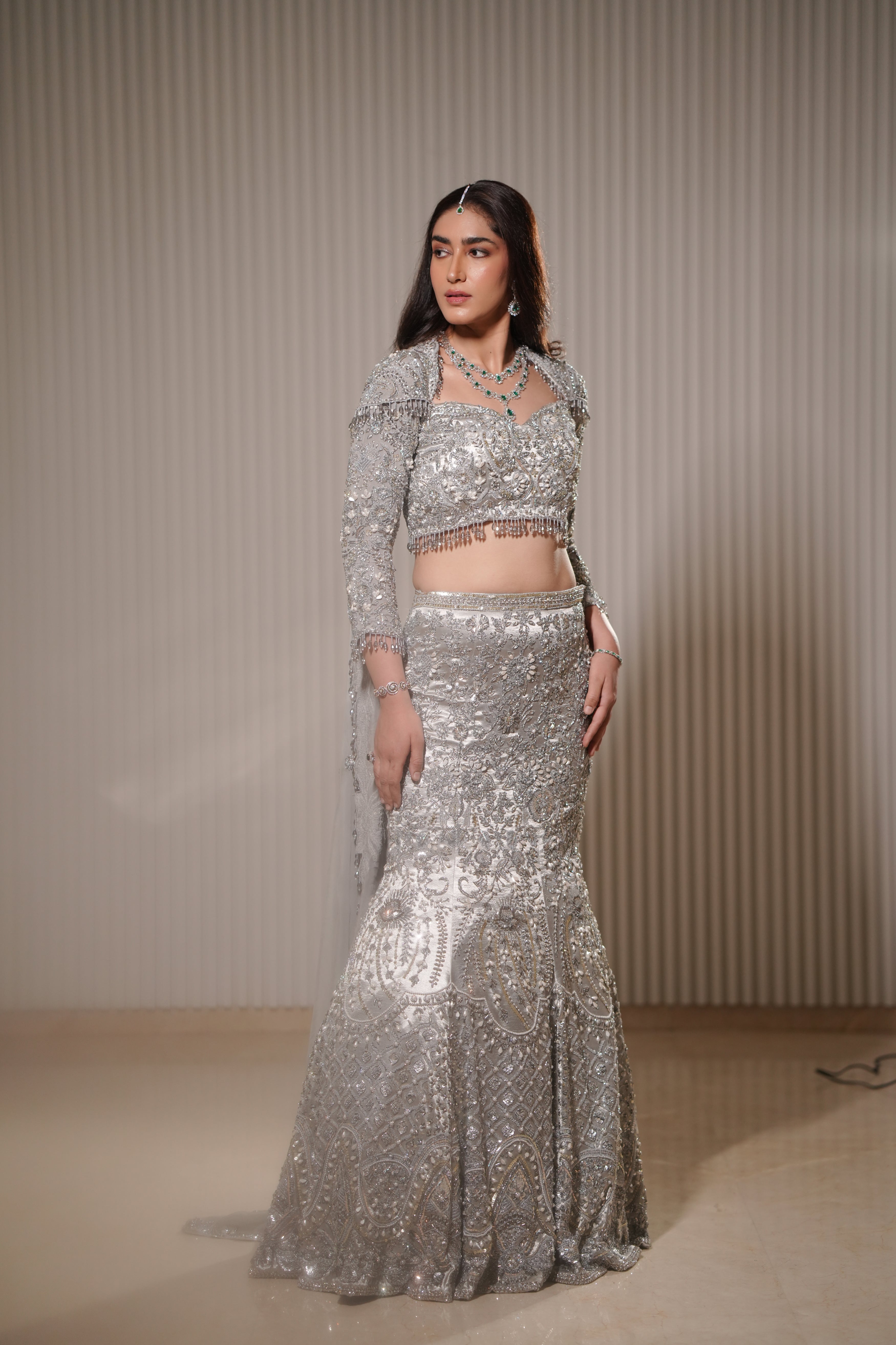 Pakistani Silver Hand-Embroidered Silk Satin Mermaid Lehenga (3-Piece) - Image 12