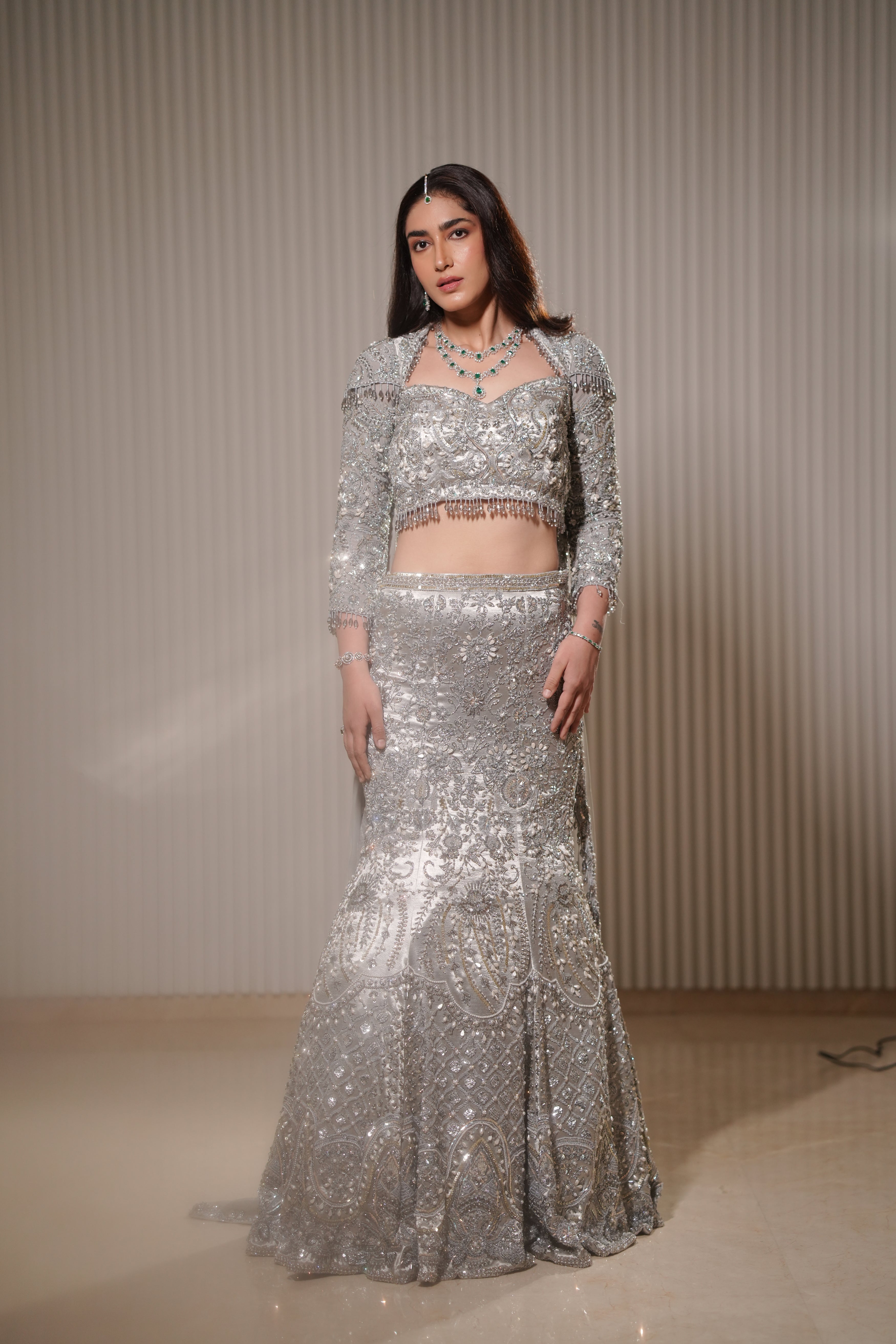 Pakistani Silver Hand-Embroidered Silk Satin Mermaid Lehenga (3-Piece) - Image 13