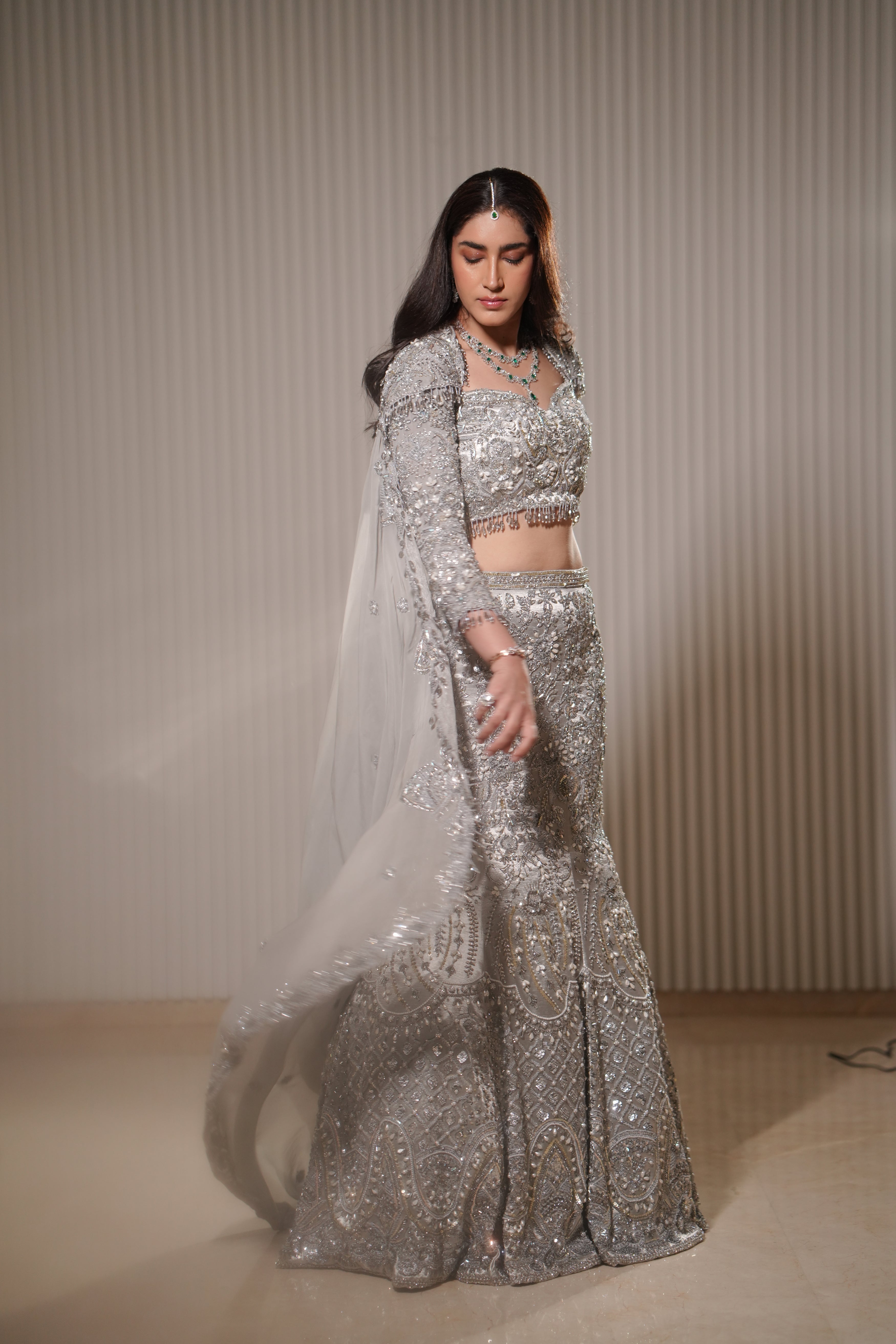 Pakistani Silver Hand-Embroidered Silk Satin Mermaid Lehenga (3-Piece) - Image 14