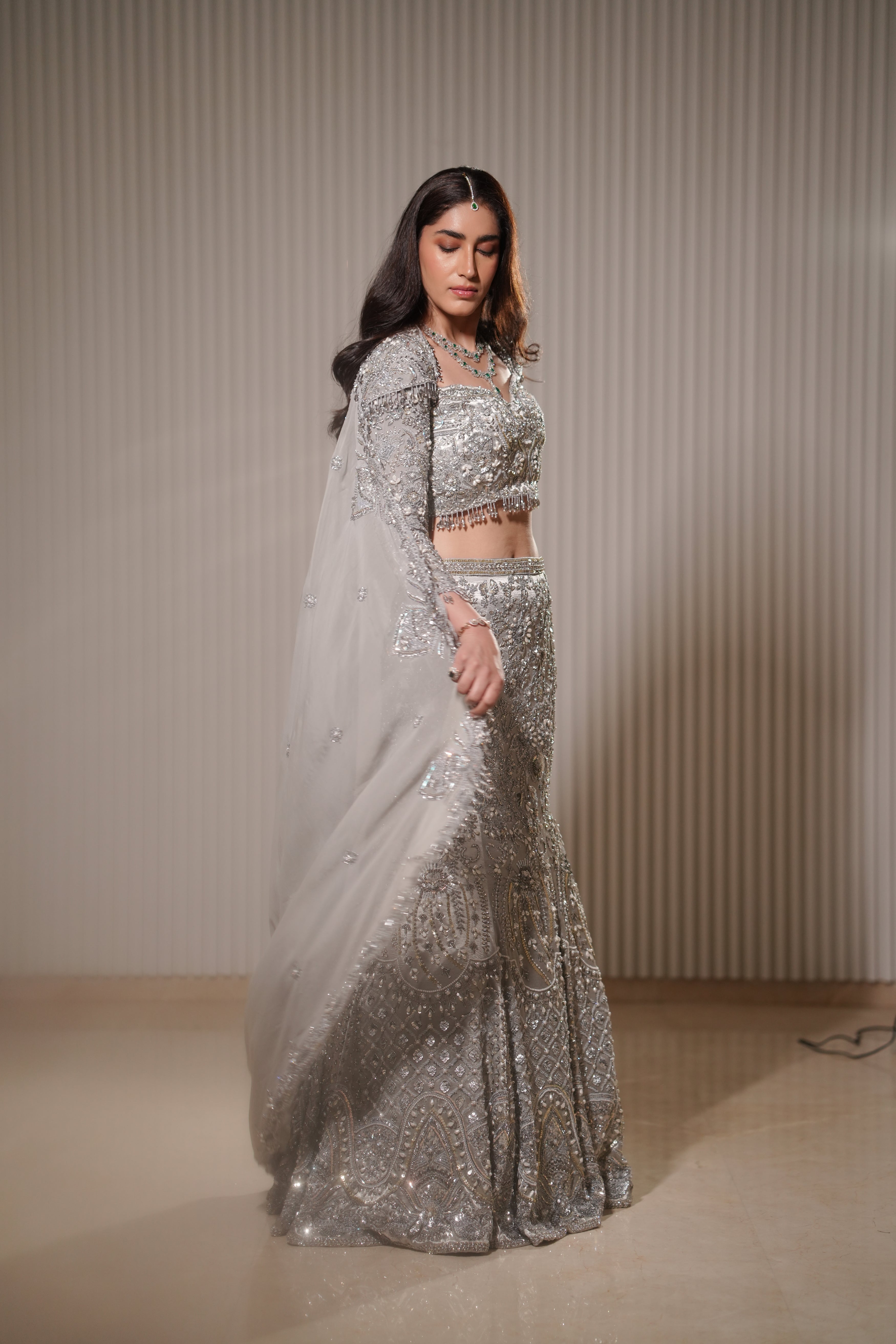 Pakistani Silver Hand-Embroidered Silk Satin Mermaid Lehenga (3-Piece) - Image 16