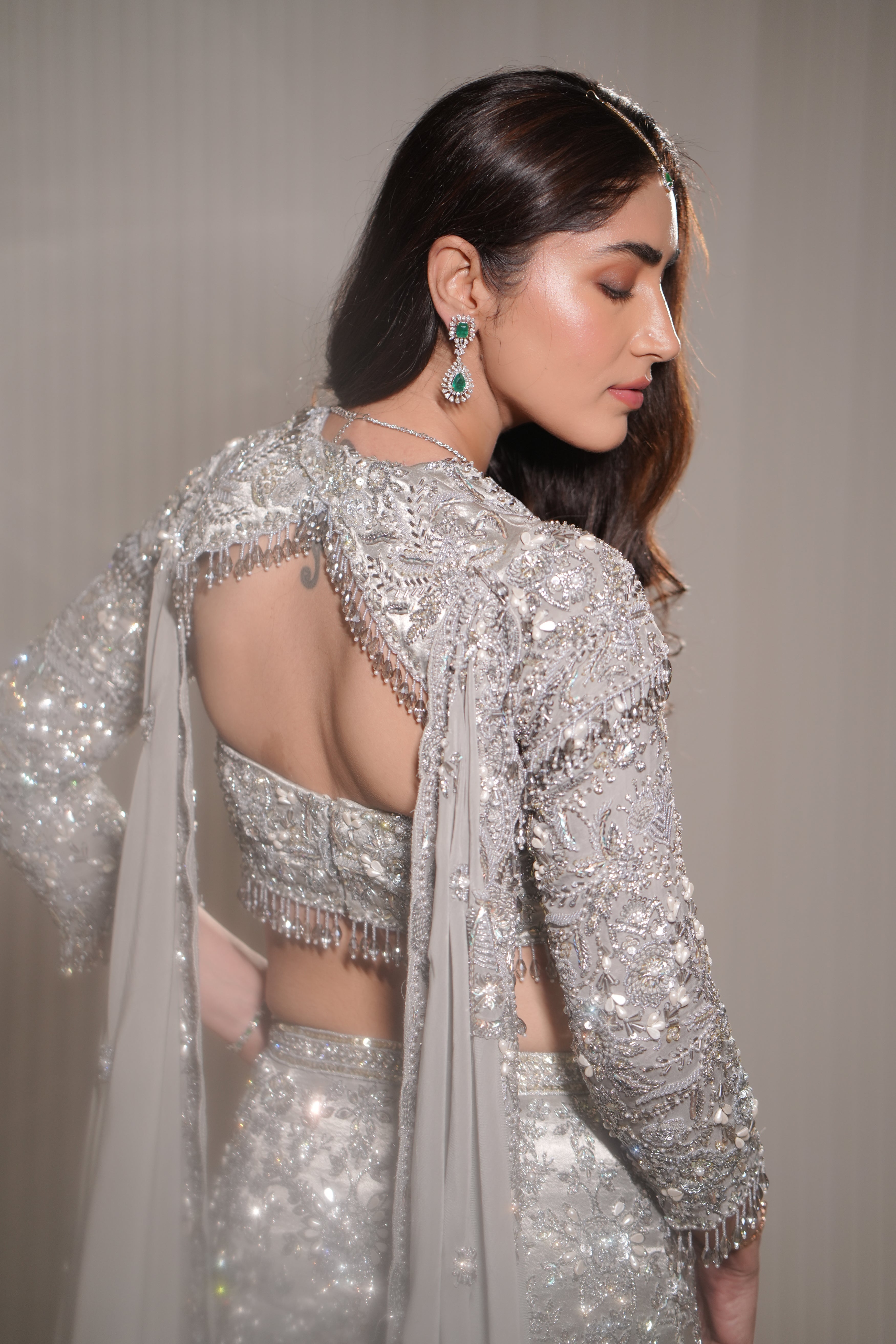 Pakistani Silver Hand-Embroidered Silk Satin Mermaid Lehenga (3-Piece) - Image 19