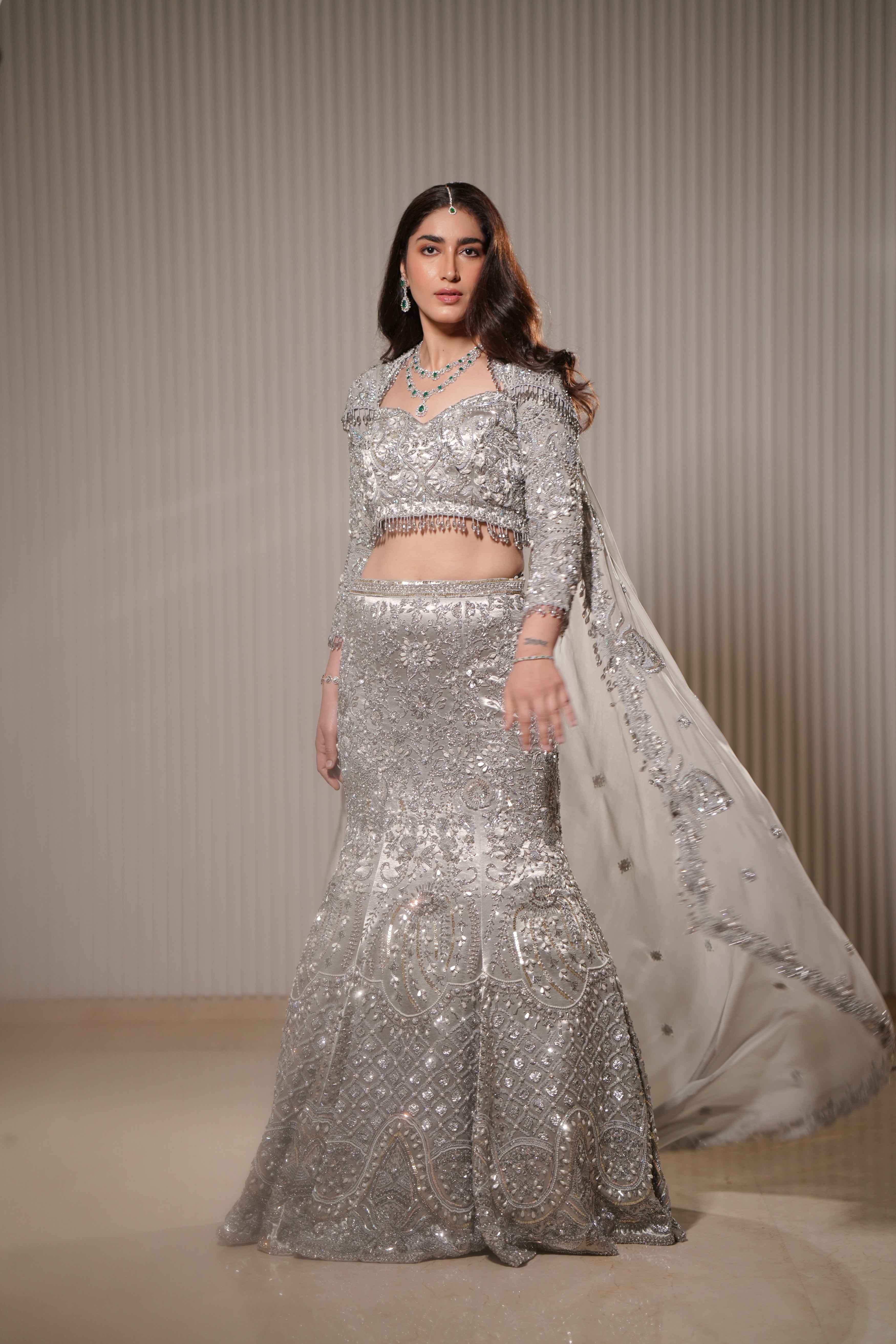 Pakistani Silver Hand-Embroidered Silk Satin Mermaid Lehenga (3-Piece) - Image 2