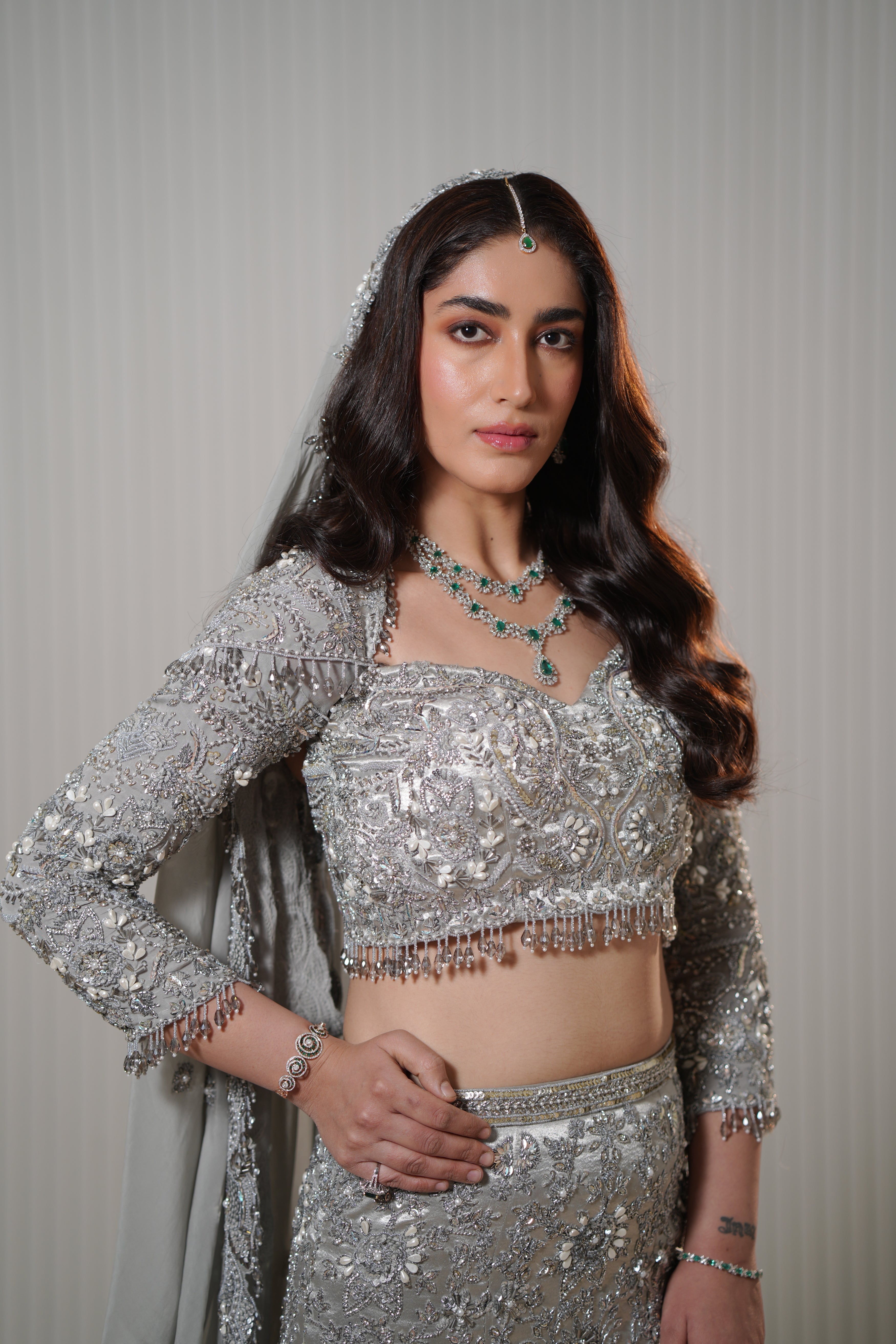 Pakistani Silver Hand-Embroidered Silk Satin Mermaid Lehenga (3-Piece) - Image 3