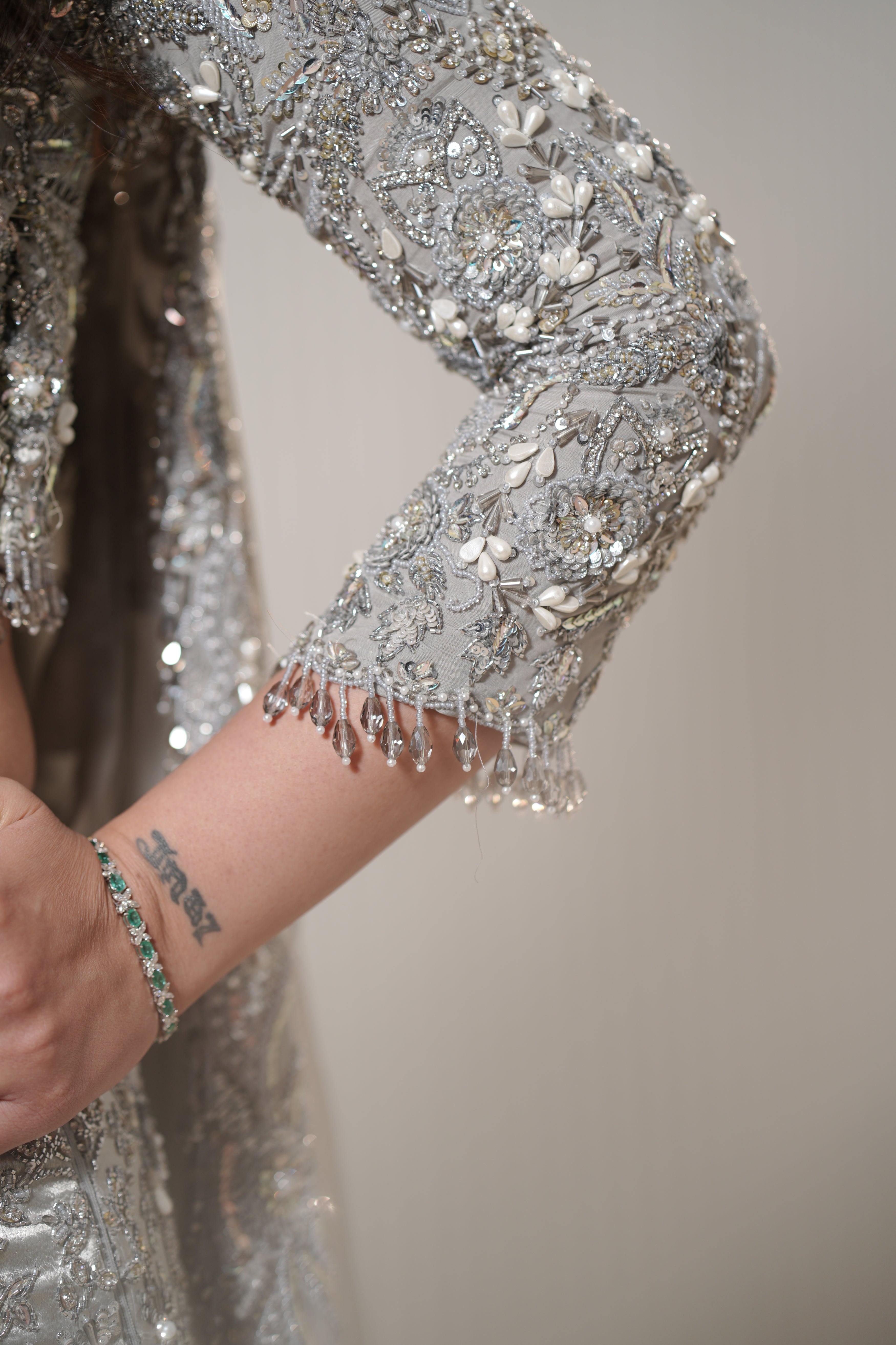 Pakistani Silver Hand-Embroidered Silk Satin Mermaid Lehenga (3-Piece) - Image 4