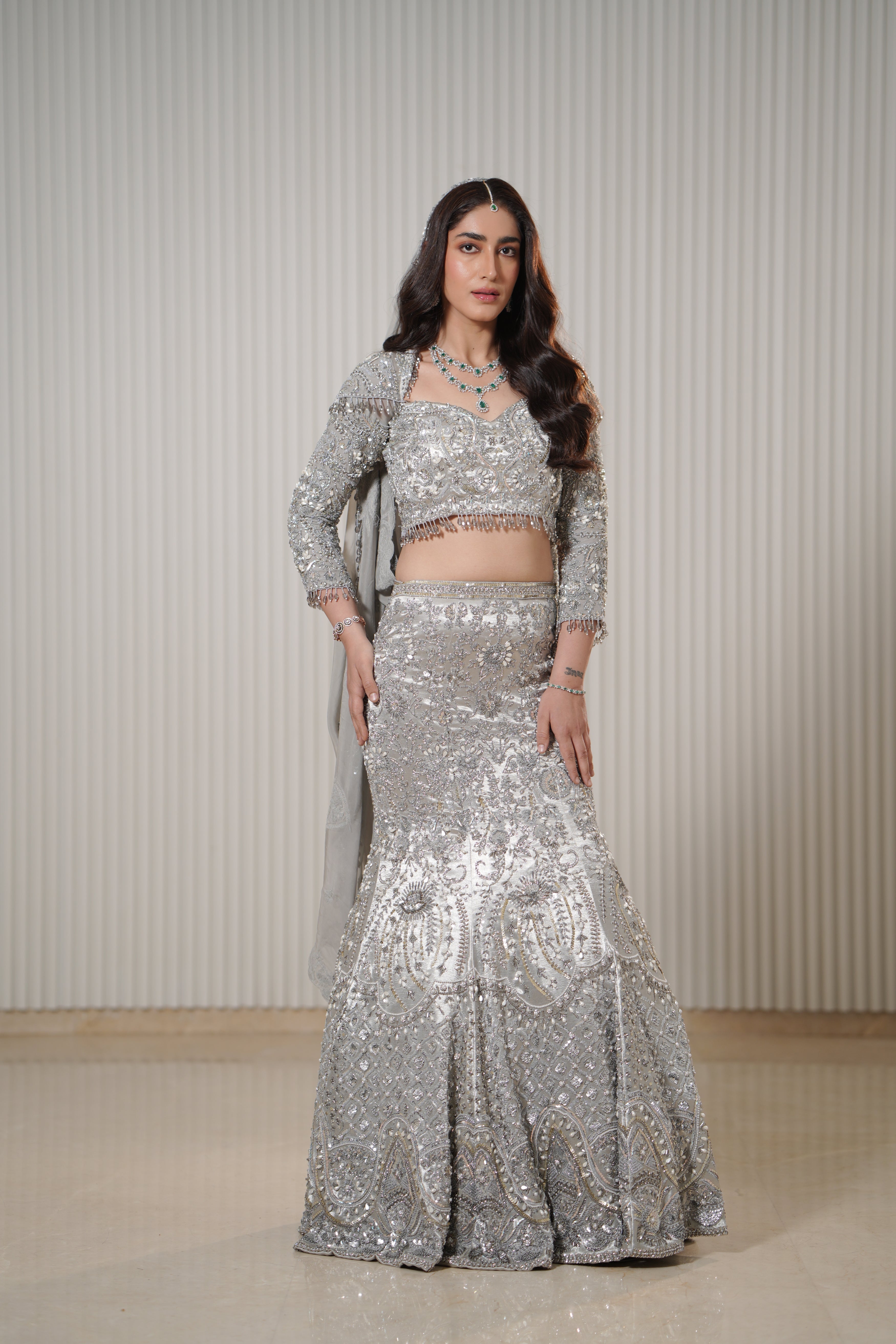 Pakistani Silver Hand-Embroidered Silk Satin Mermaid Lehenga (3-Piece) - Image 5