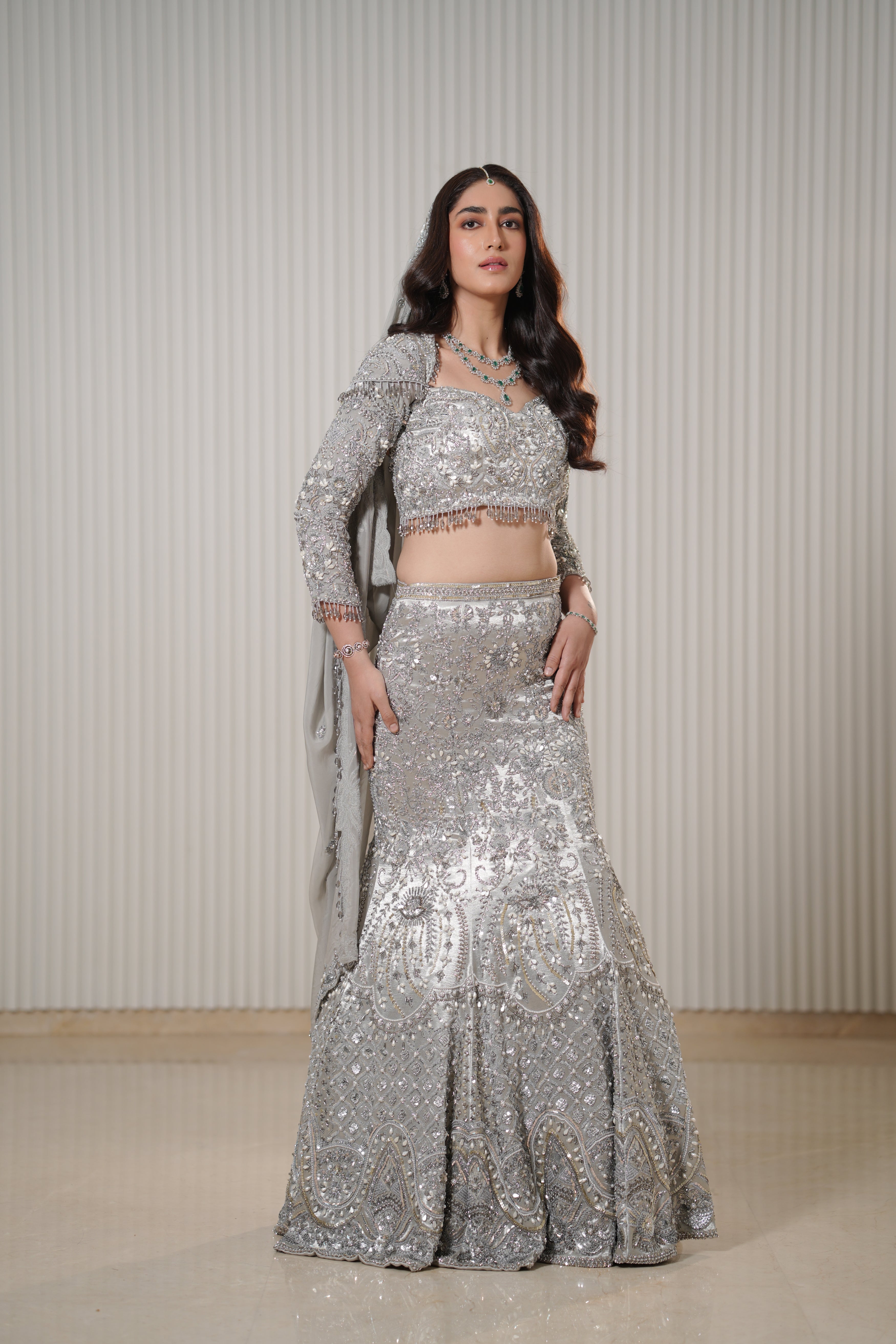 Pakistani Silver Hand-Embroidered Silk Satin Mermaid Lehenga (3-Piece) - Image 6