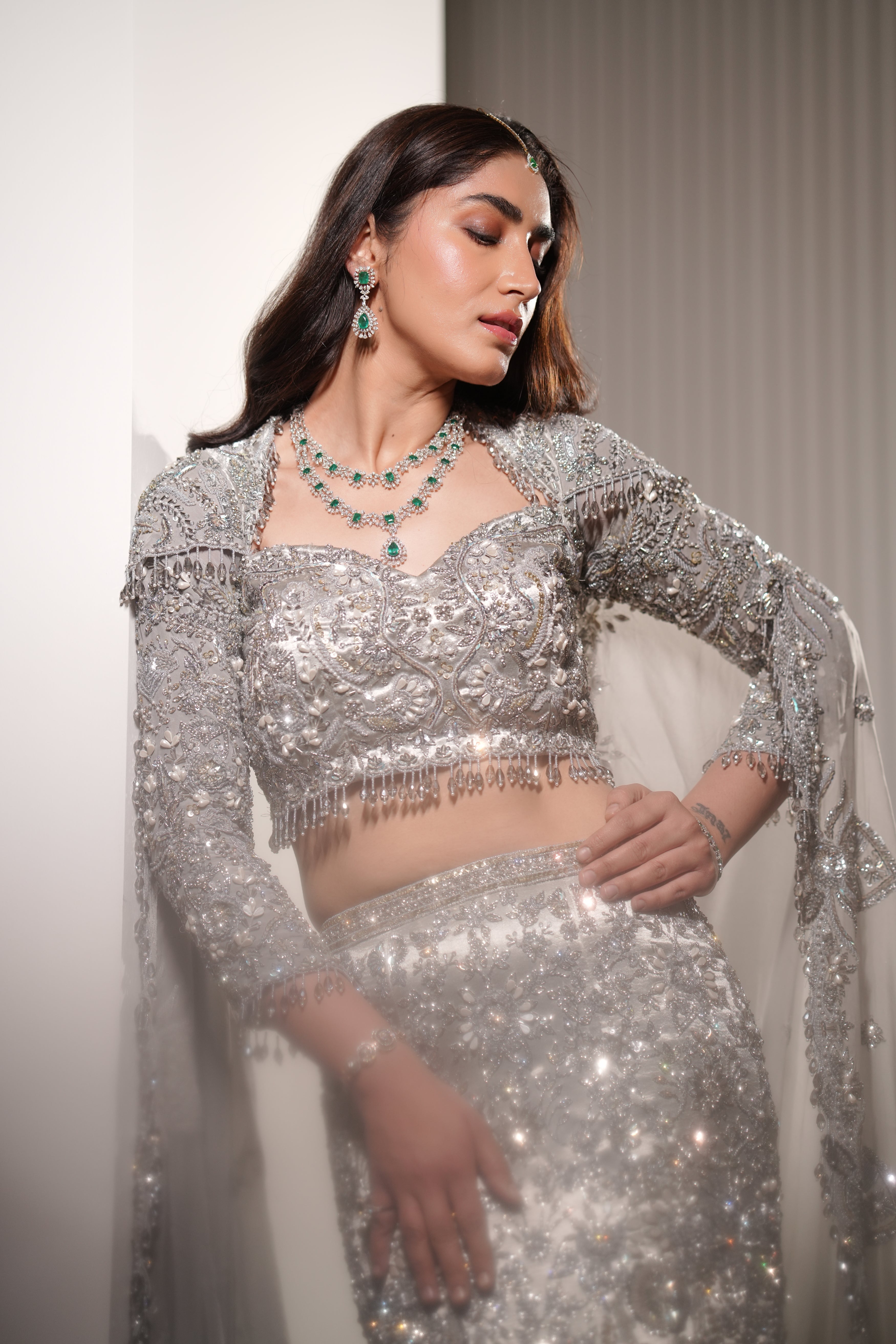 Pakistani Silver Hand-Embroidered Silk Satin Mermaid Lehenga (3-Piece) - Image 7