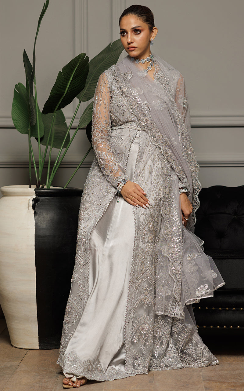 Silver Embroidered Net Silk Lehenga Dress (3-Piece) - Image 5