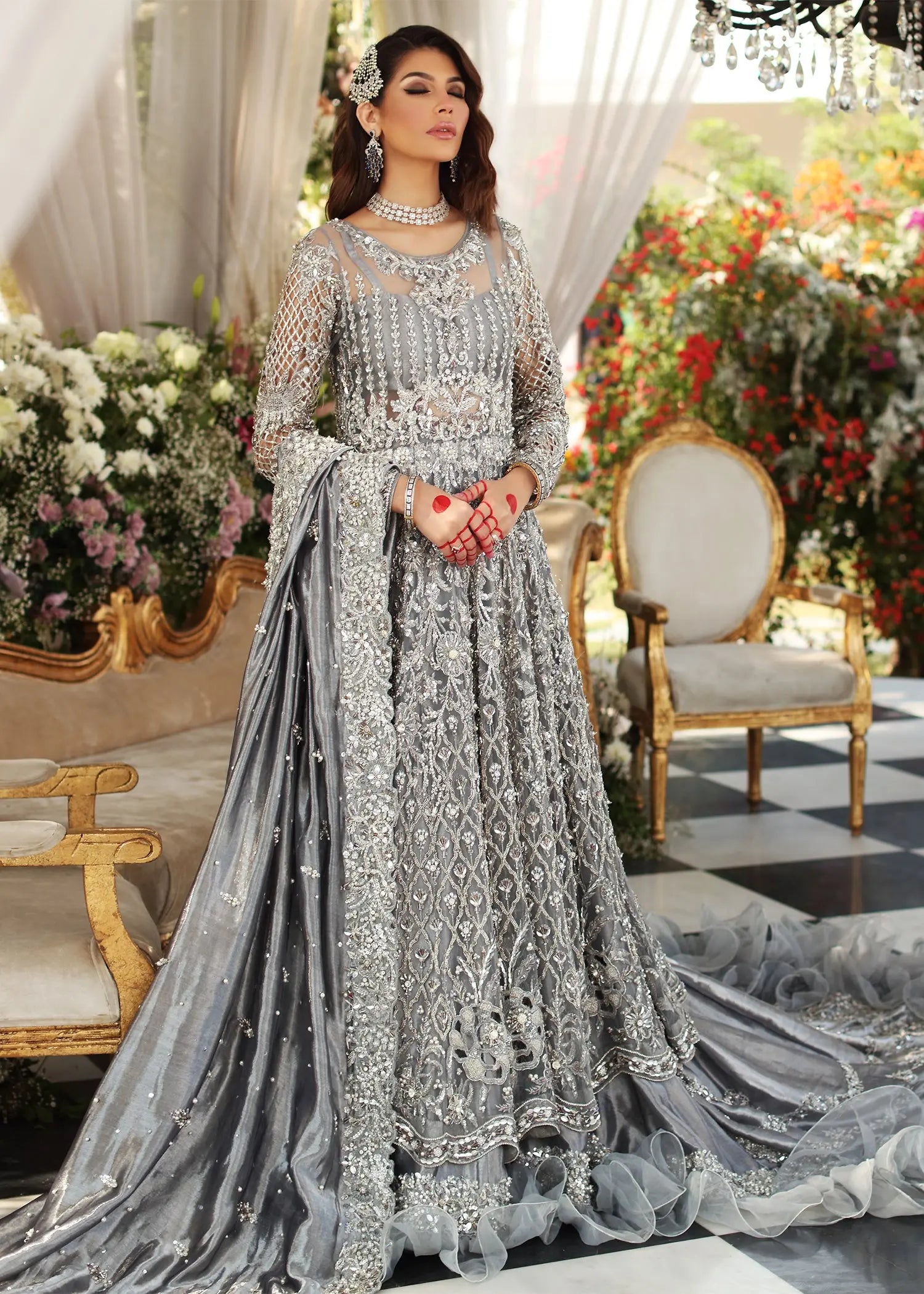 Silver Grey Hand-Embellished Silk-Satin Bridal Lehenga (3-Piece) - Image 1
