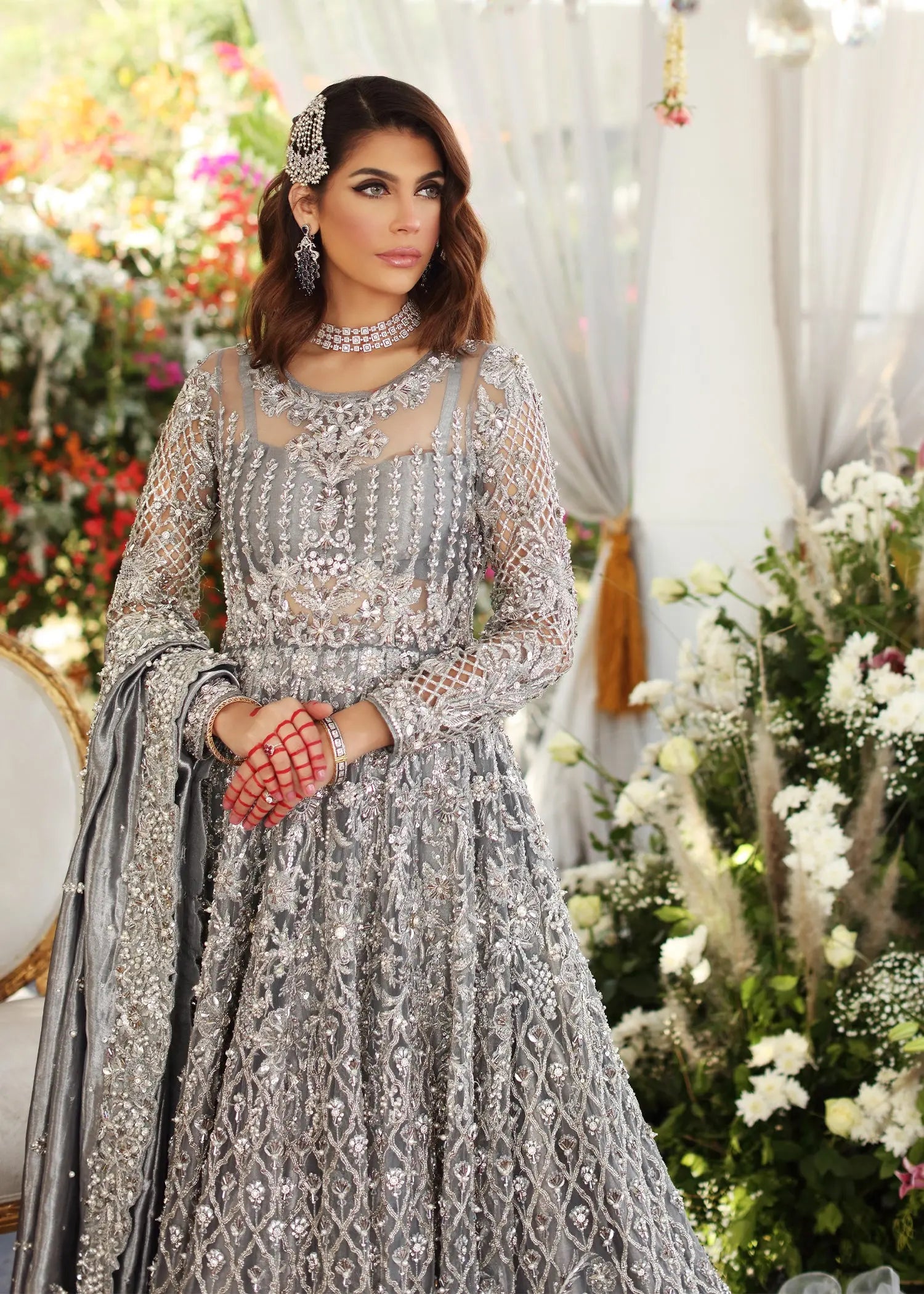Silver Grey Hand-Embellished Silk-Satin Bridal Lehenga (3-Piece) - Image 2