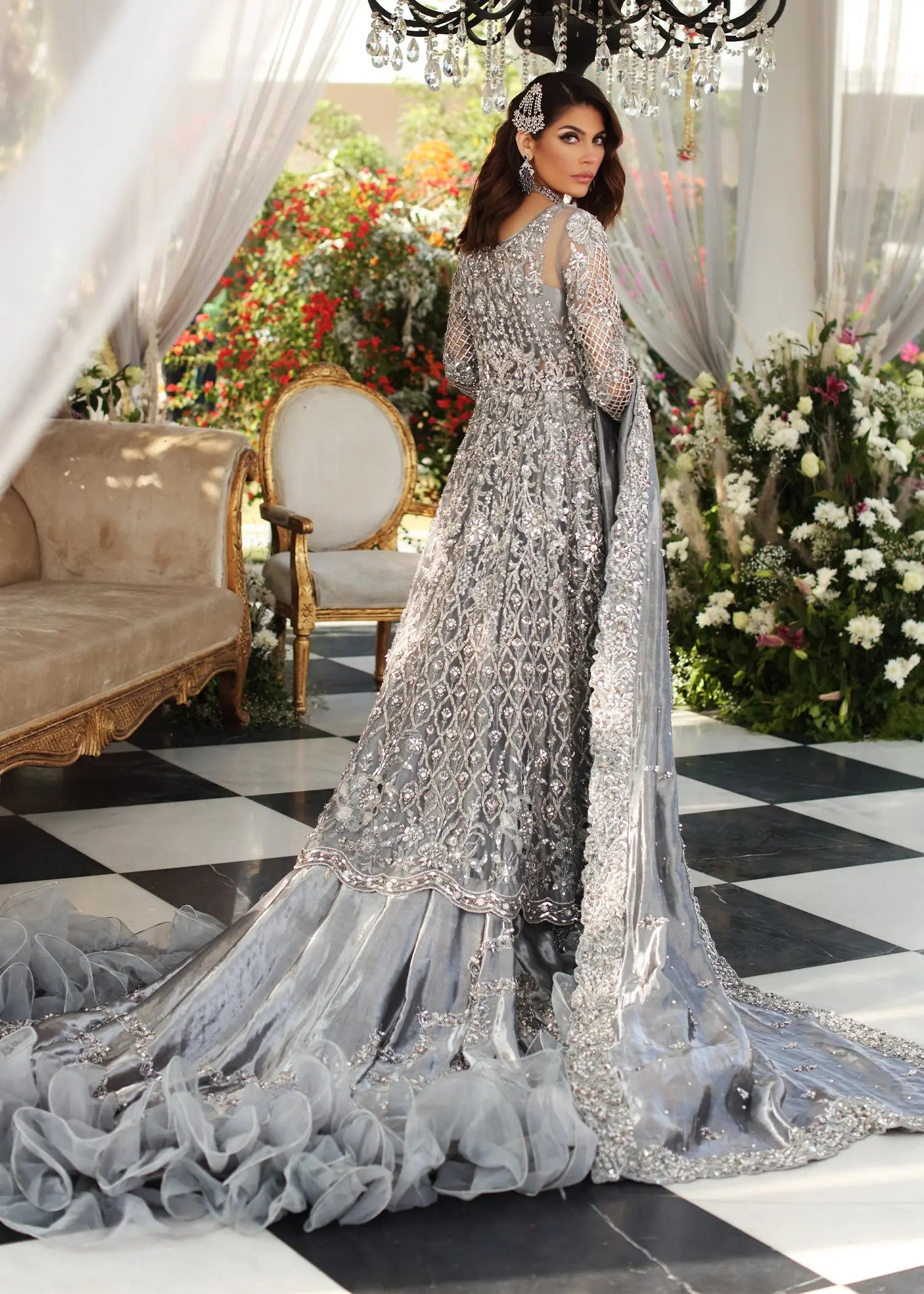 Silver Grey Hand-Embellished Silk-Satin Bridal Lehenga (3-Piece) - Image 3