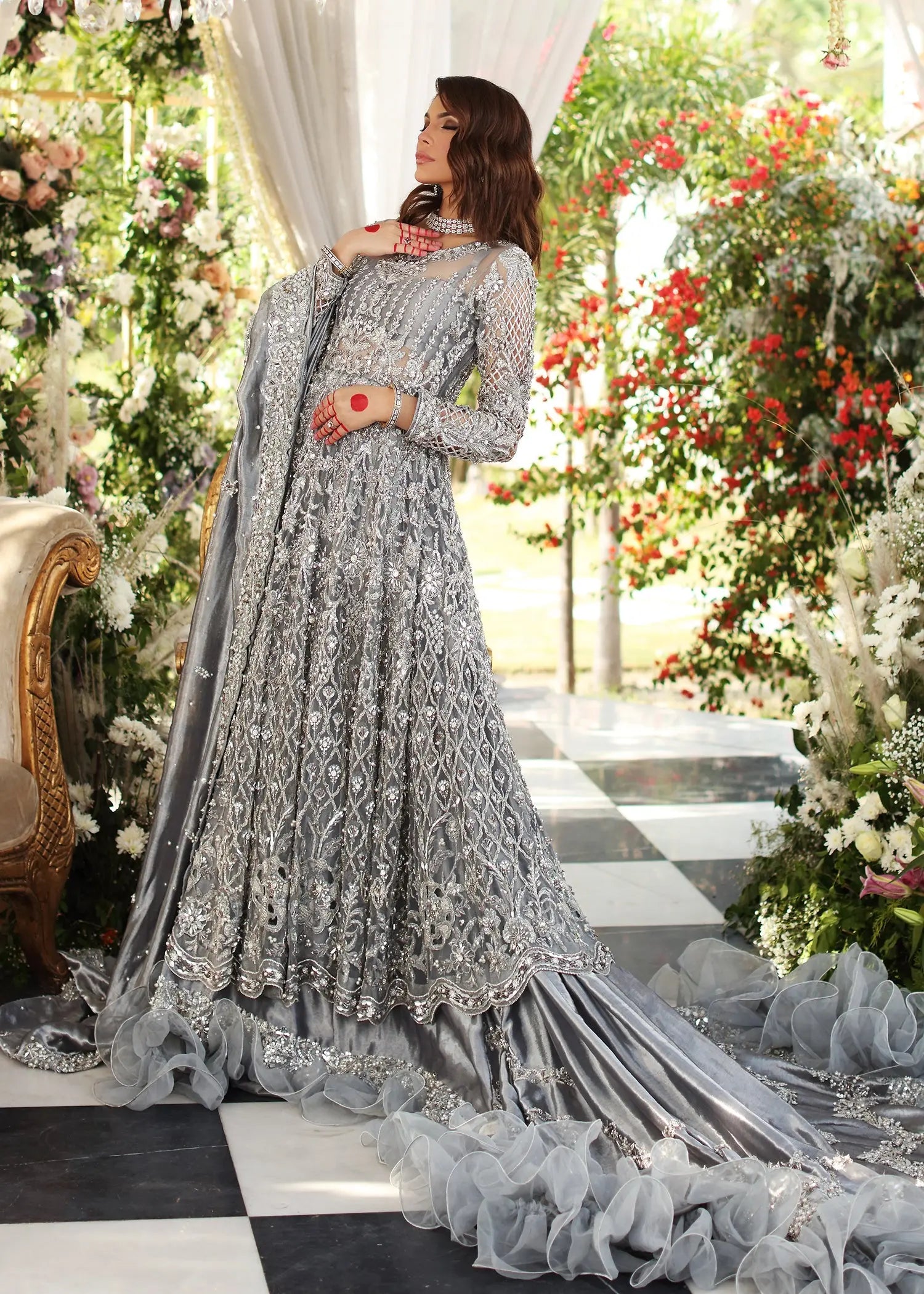 Silver Grey Hand-Embellished Silk-Satin Bridal Lehenga (3-Piece) - Image 5