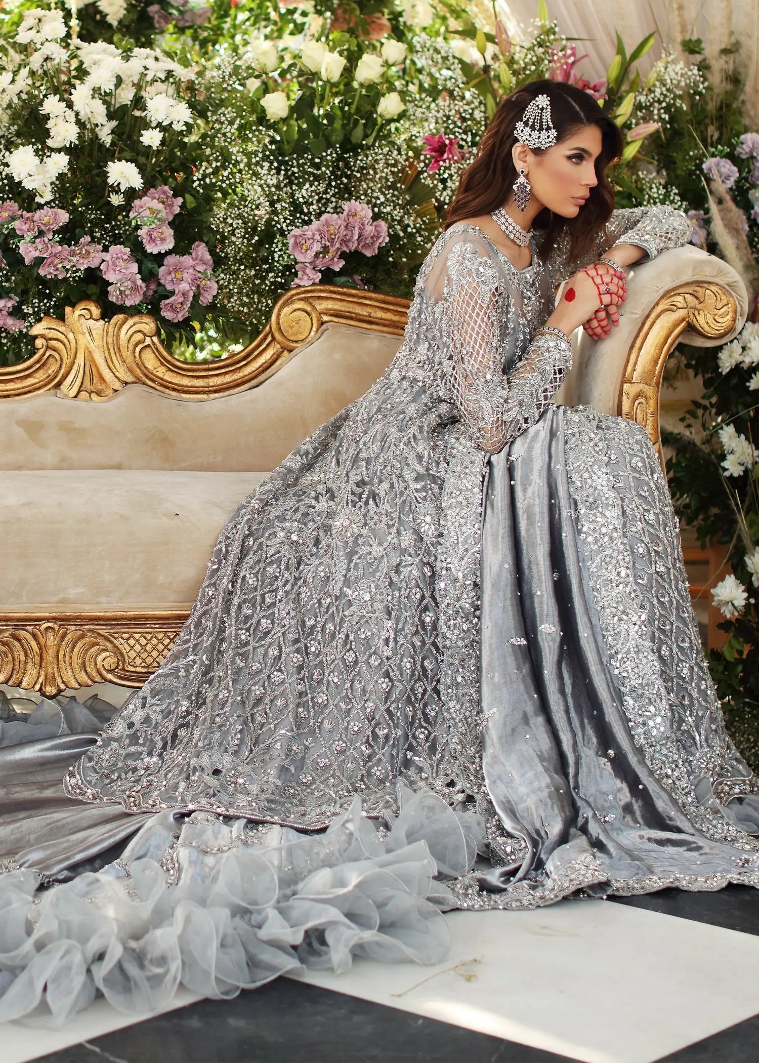 Silver Grey Hand-Embellished Silk-Satin Bridal Lehenga (3-Piece) - Image 6