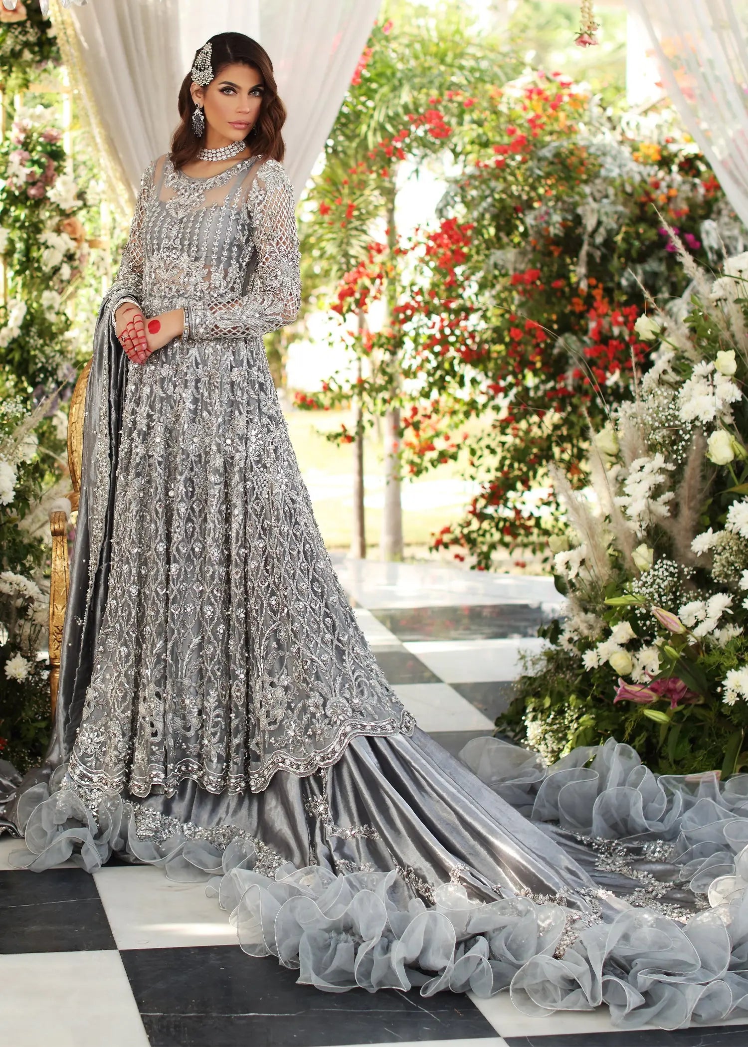 Silver Grey Hand-Embellished Silk-Satin Bridal Lehenga (3-Piece) - Image 7