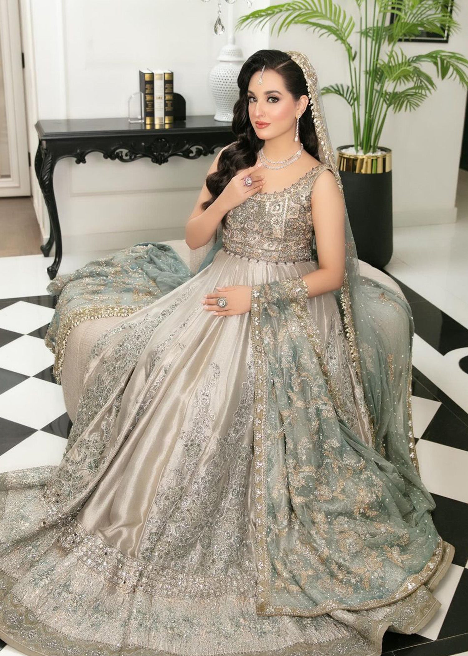 Silver Sage Embellished Silk Bridal Lehenga (3-Piece) - Image 1