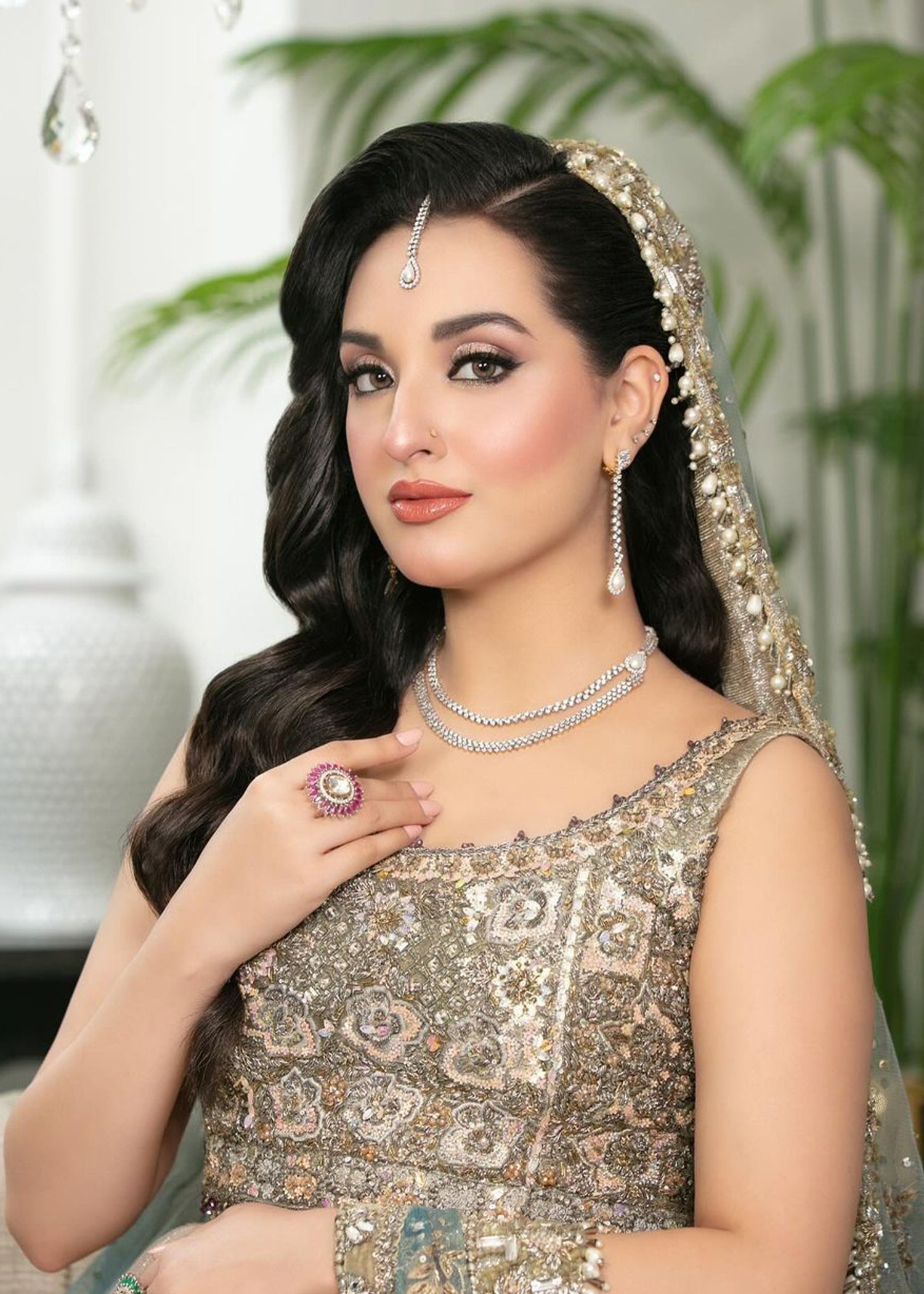 Silver Sage Embellished Silk Bridal Lehenga (3-Piece) - Image 2