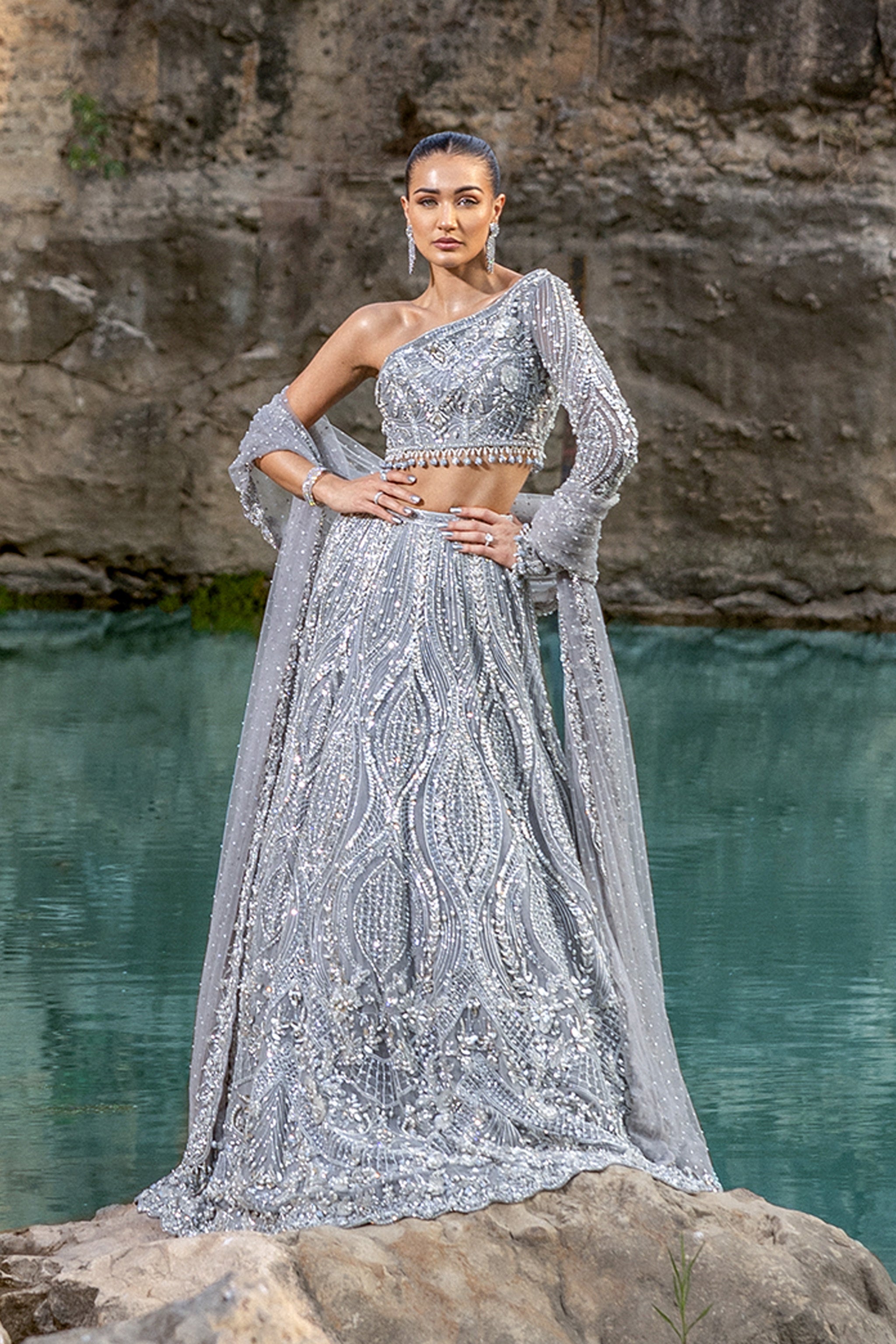 Silver Hand-Embellished Silk Bridal Lehenga (3-Piece) - Image 1