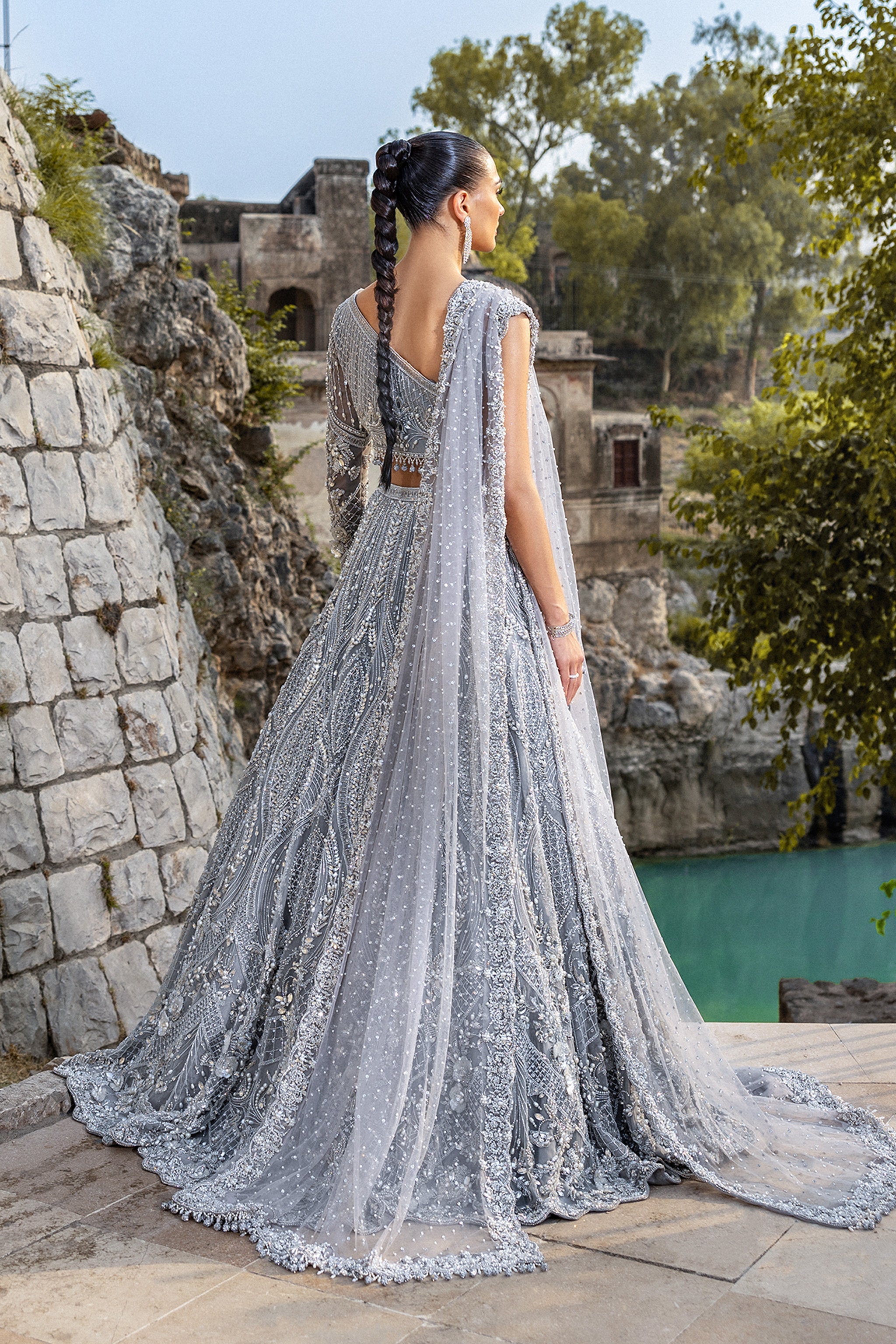 Silver Hand-Embellished Silk Bridal Lehenga (3-Piece) - Image 2